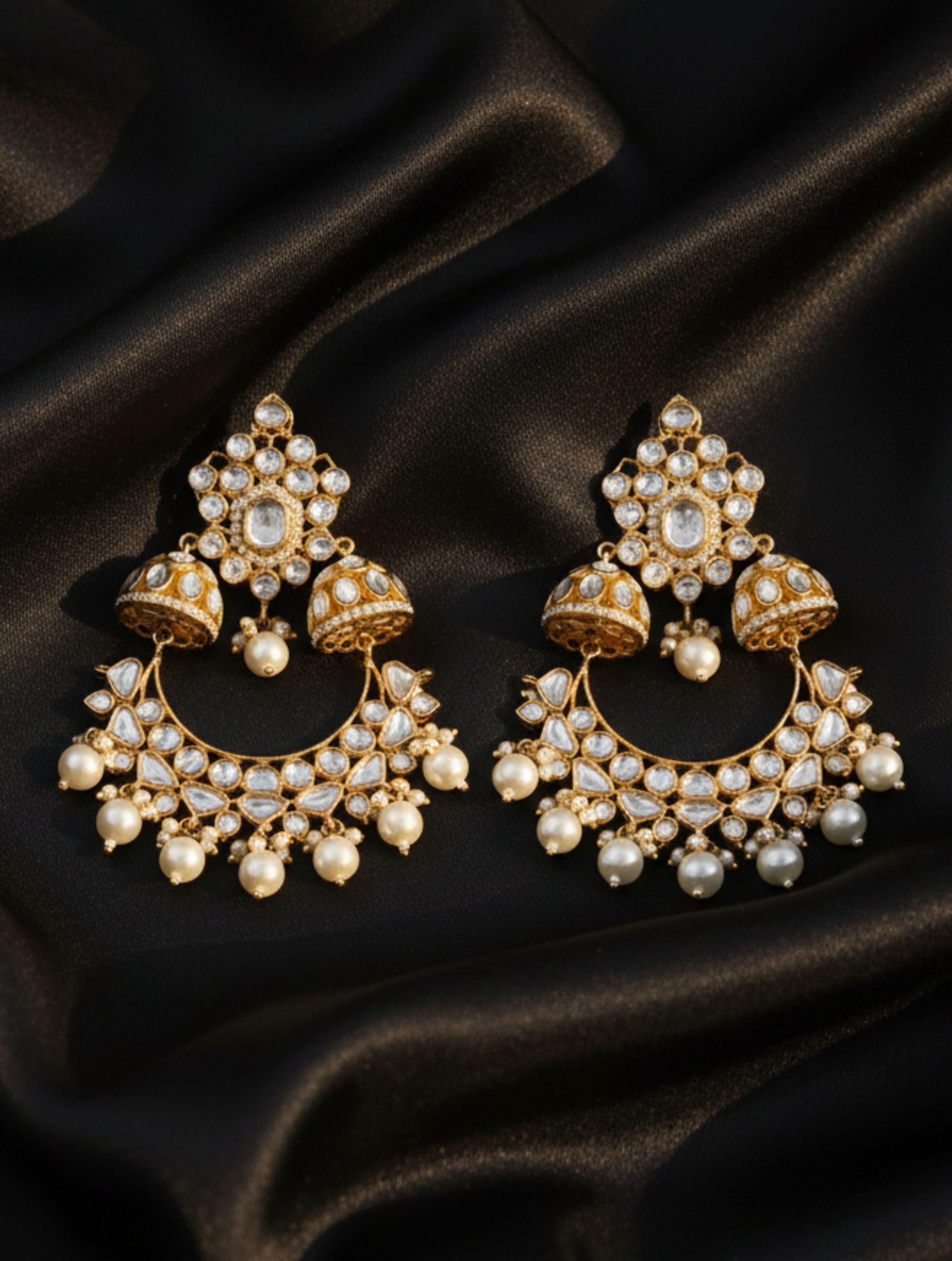 Gold-Plated Chandbali Jhumka Earrings with Moissanite, Polki, and Pearls