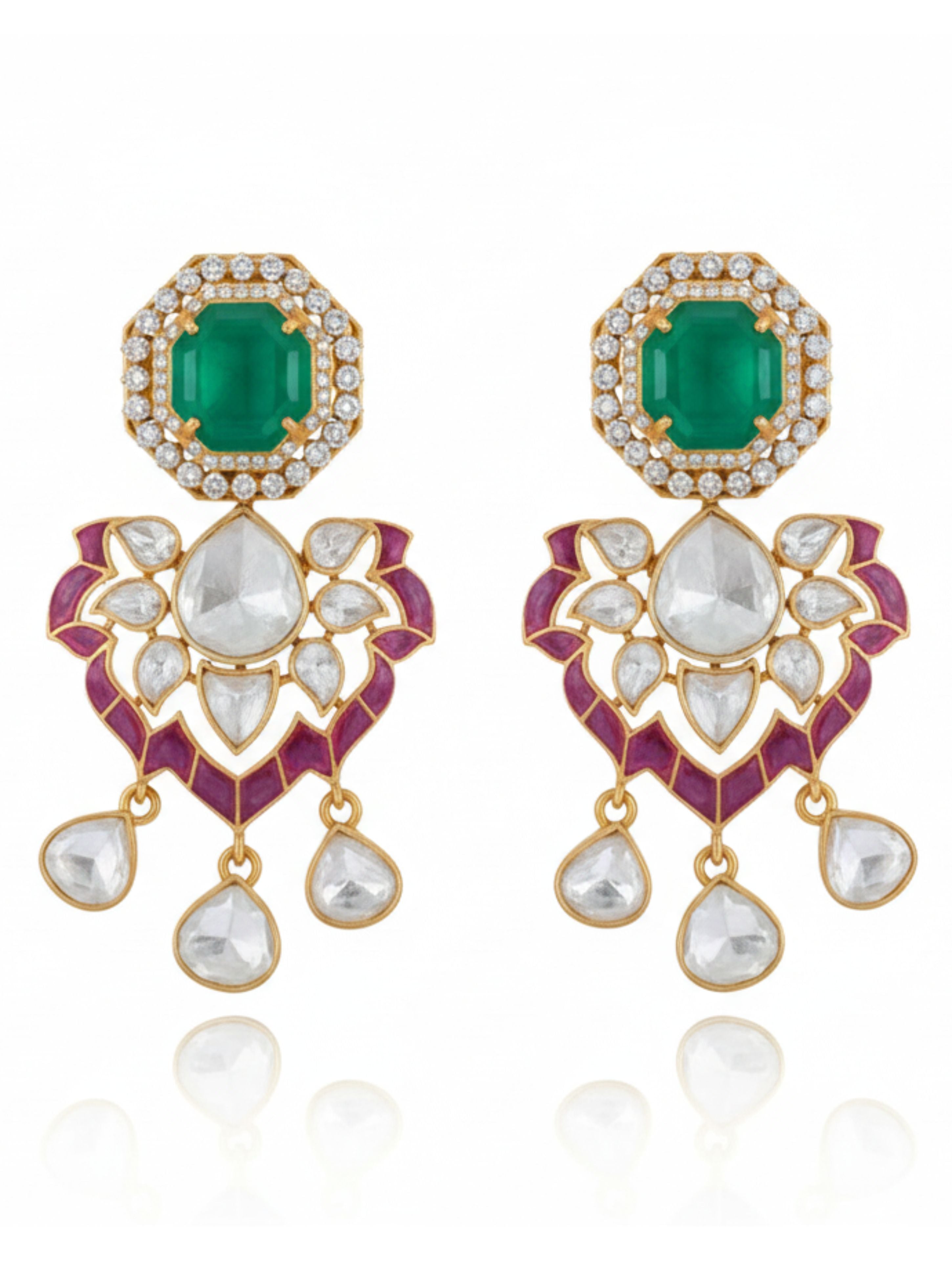 Green Onyx & Polki Dangler Earrings in Sterling Silver