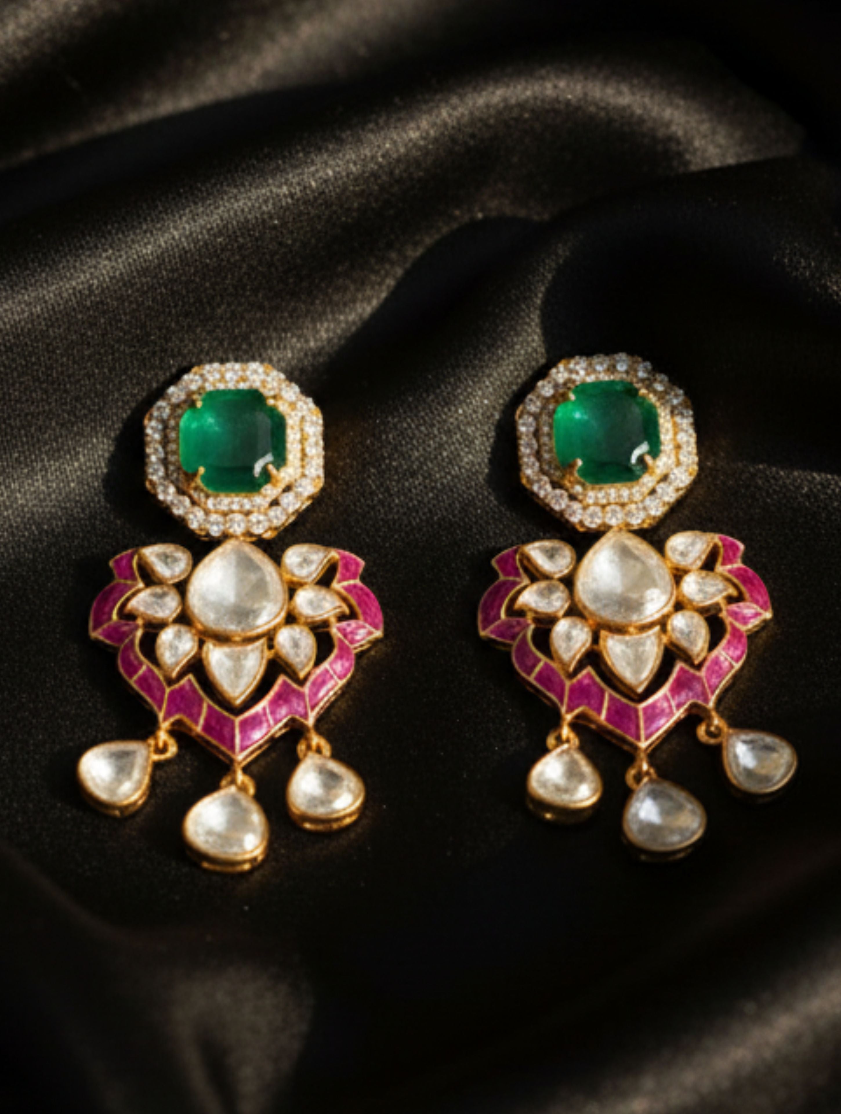 Green Onyx & Polki Dangler Earrings in Sterling Silver