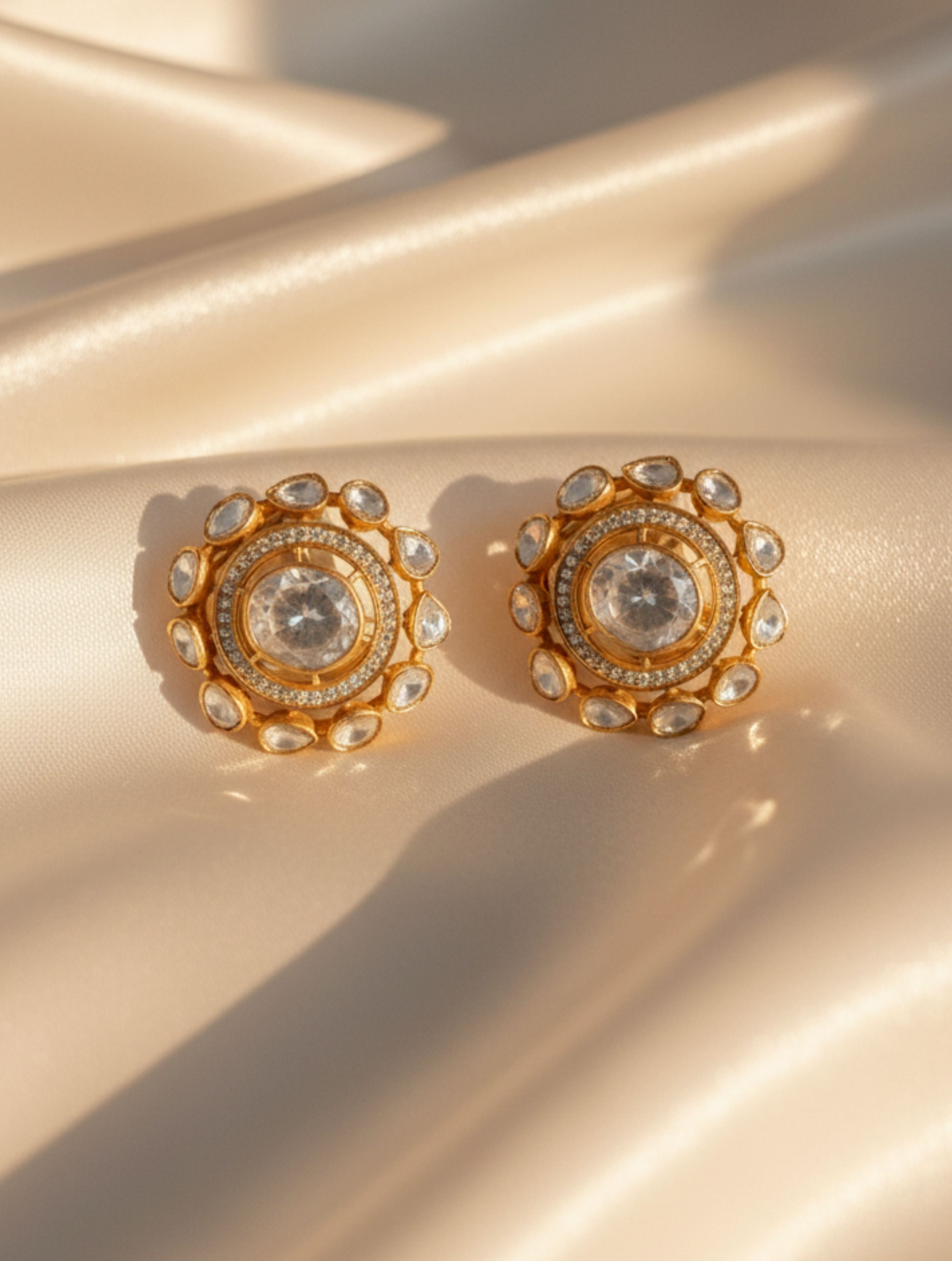 Polki & Moissanite Gold-Plated Stud Earrings in 925 Sterling Silver