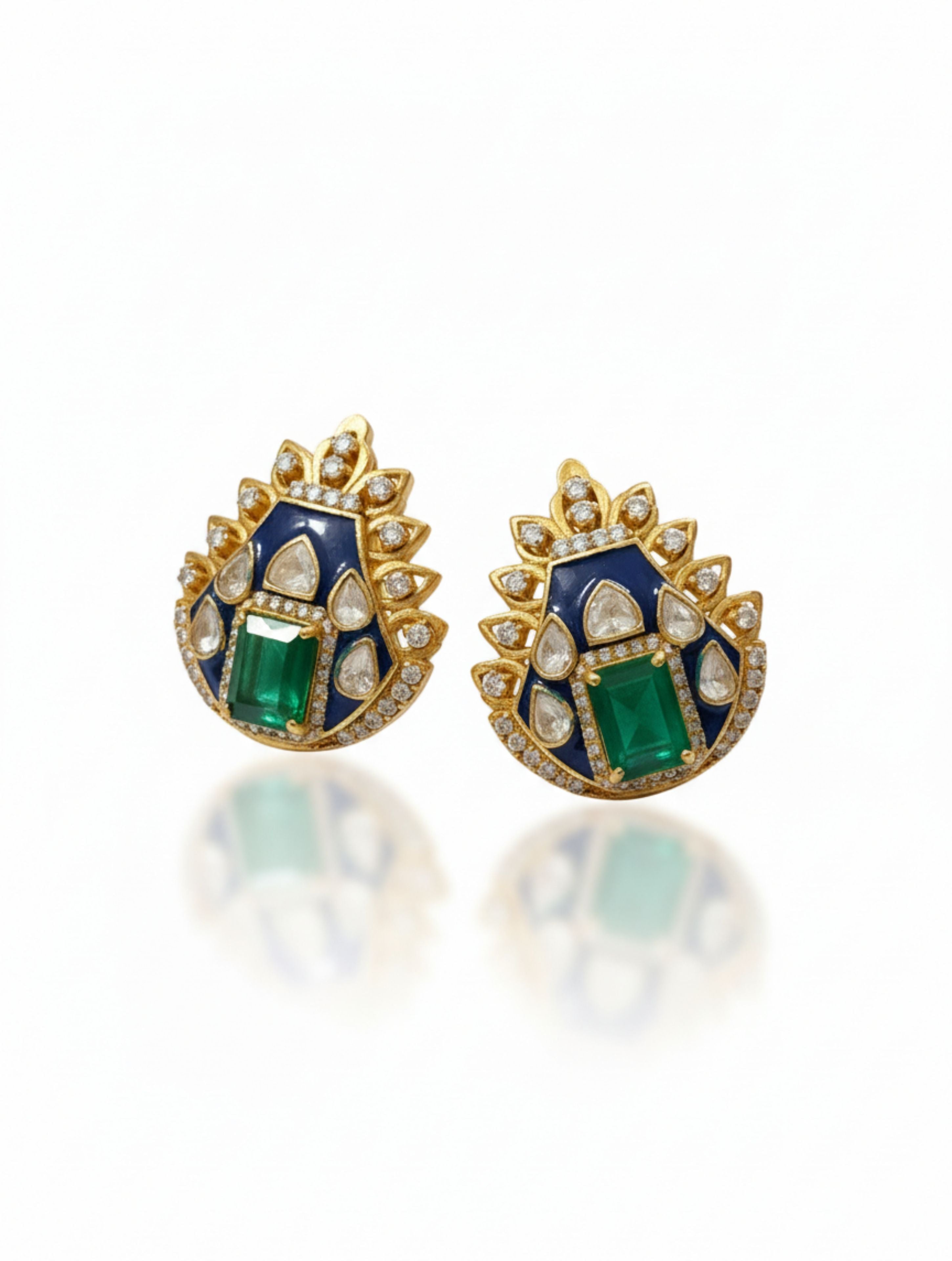Blue Enamel & Green Onyx Polki Ear Studs in 925 Sterling Silver