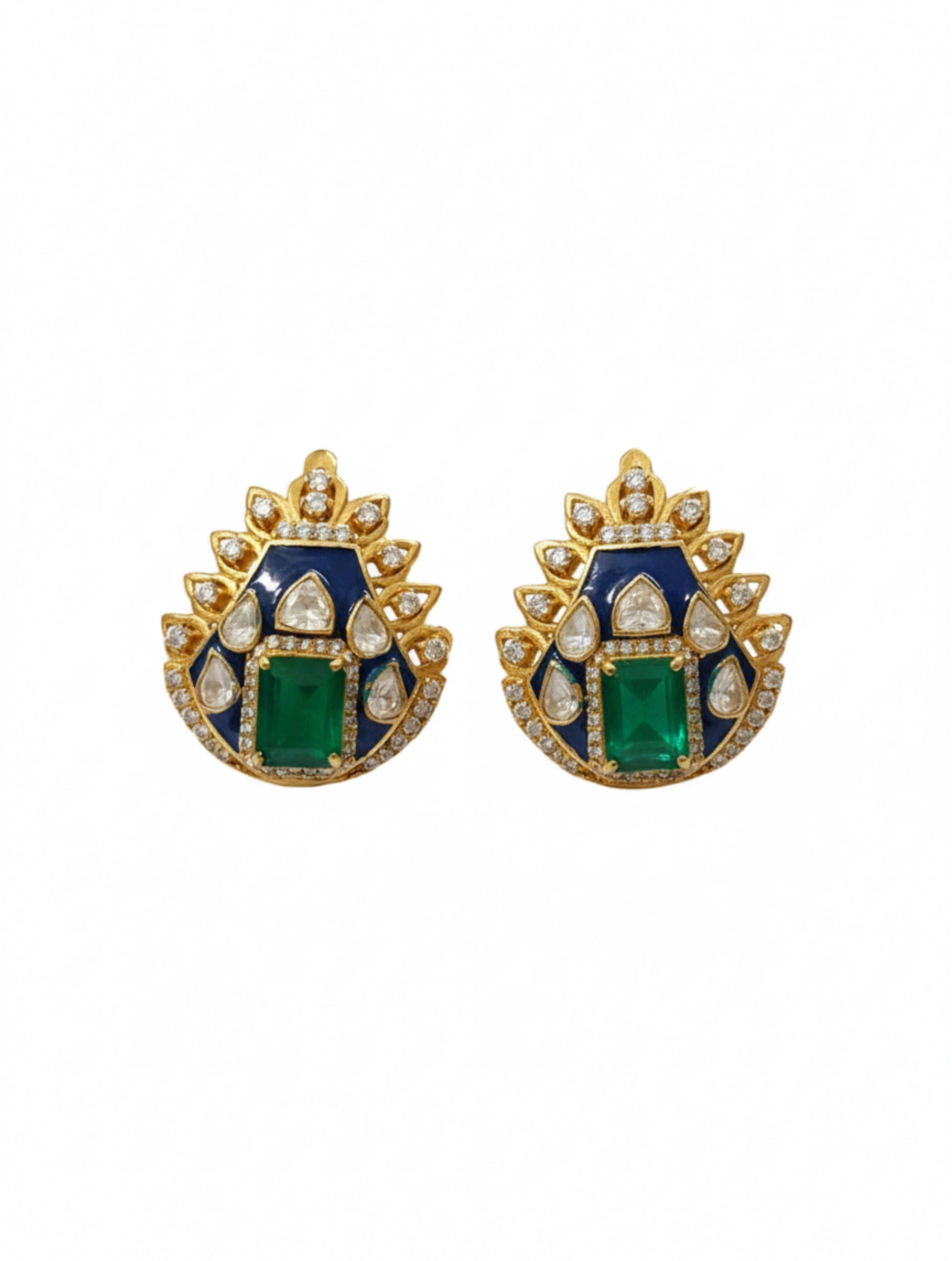 Blue Enamel & Green Onyx Polki Ear Studs in 925 Sterling Silver