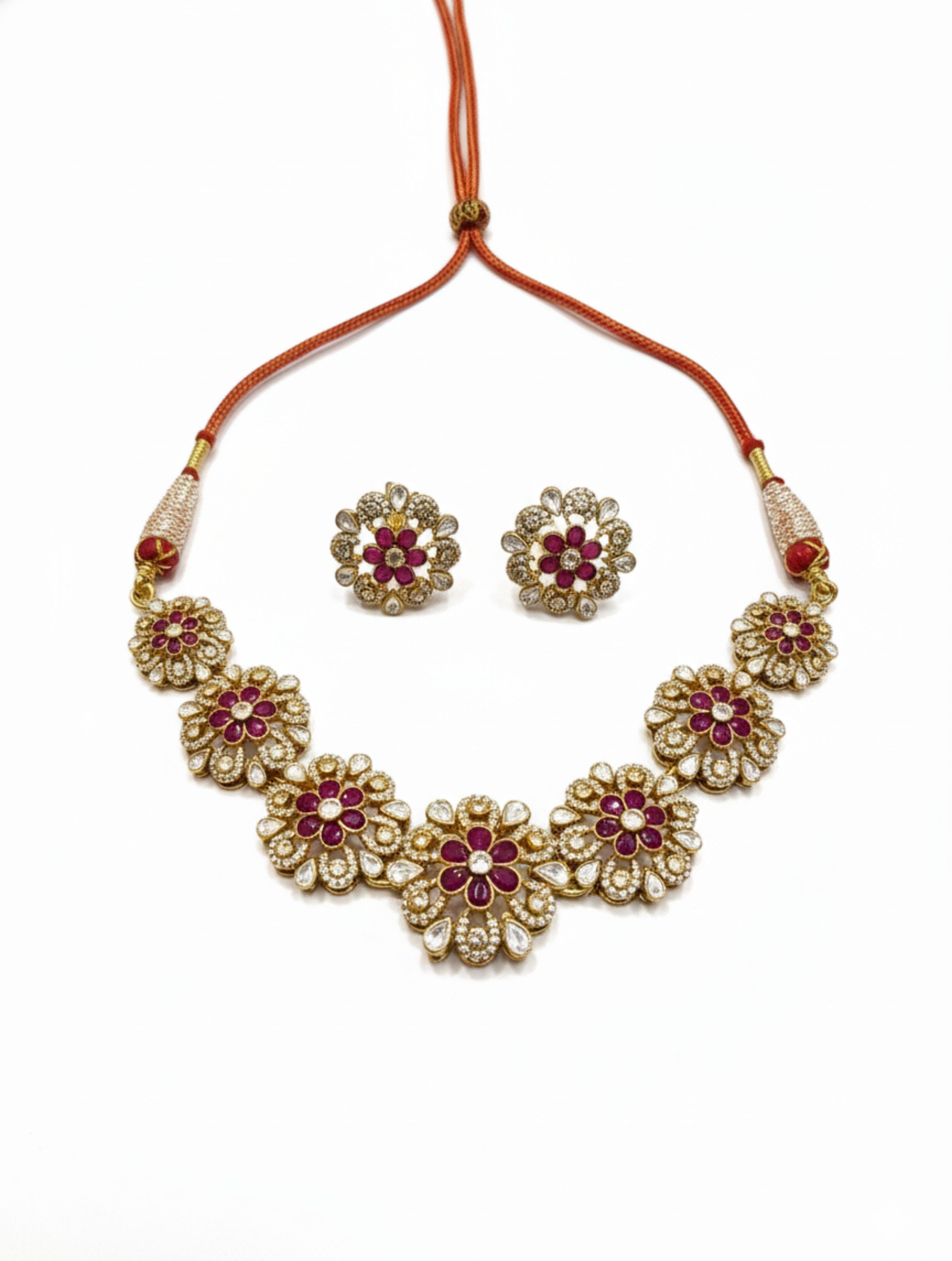 Handcrafted Moissanite Polki Sterling Silver Necklace & Earring Set