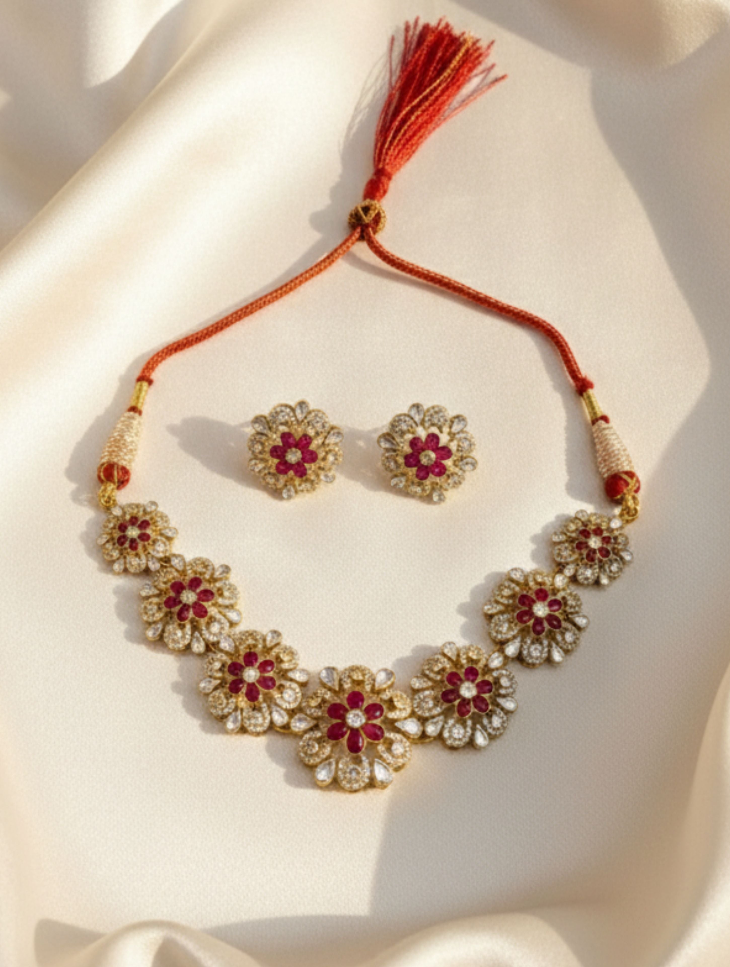 Handcrafted Moissanite Polki Sterling Silver Necklace & Earring Set