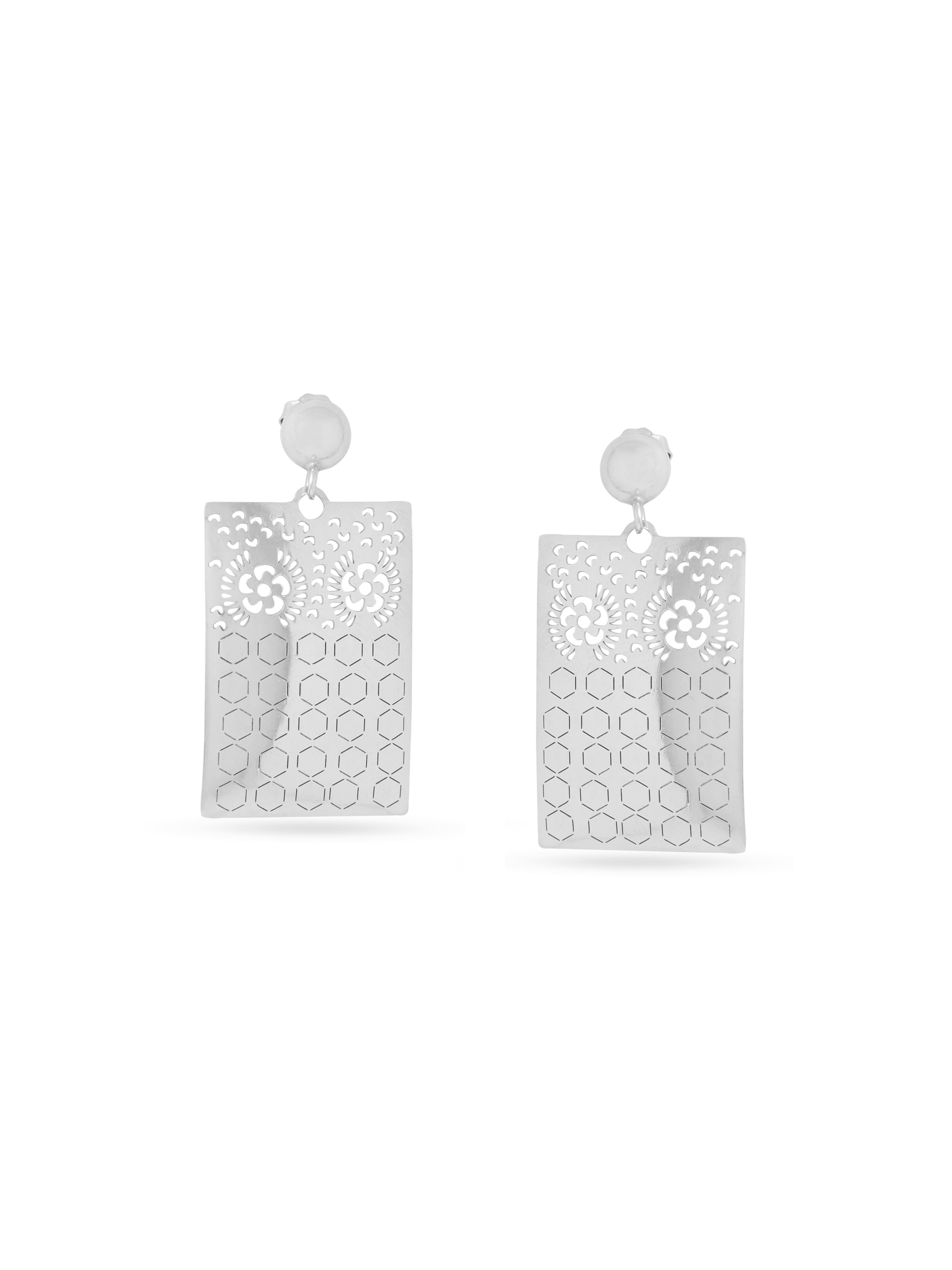 Geometric Jali Pattern Earrings Syra Collection (Silver Rhodium)