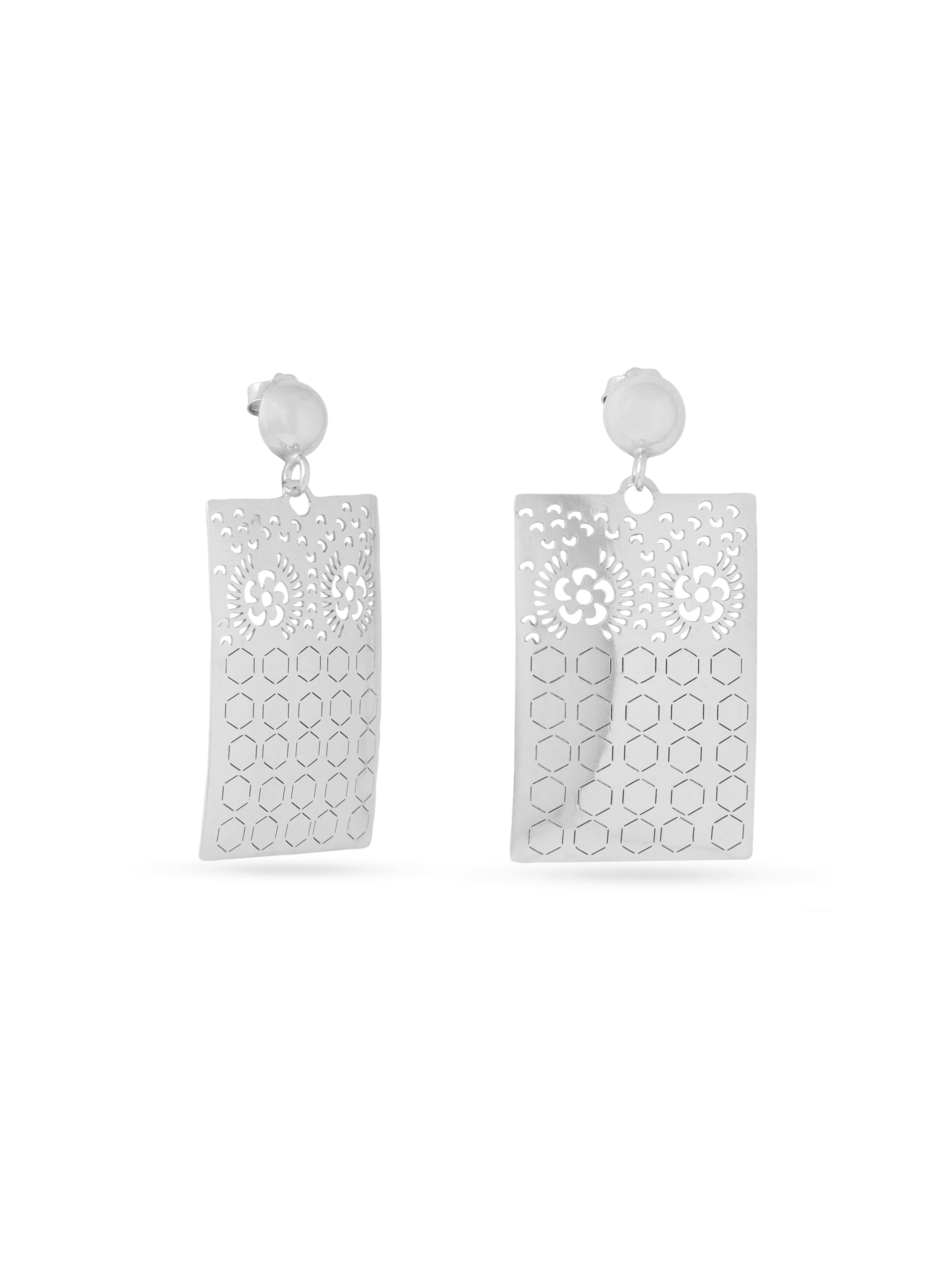 Geometric Jali Pattern Earrings Syra Collection (Silver Rhodium)