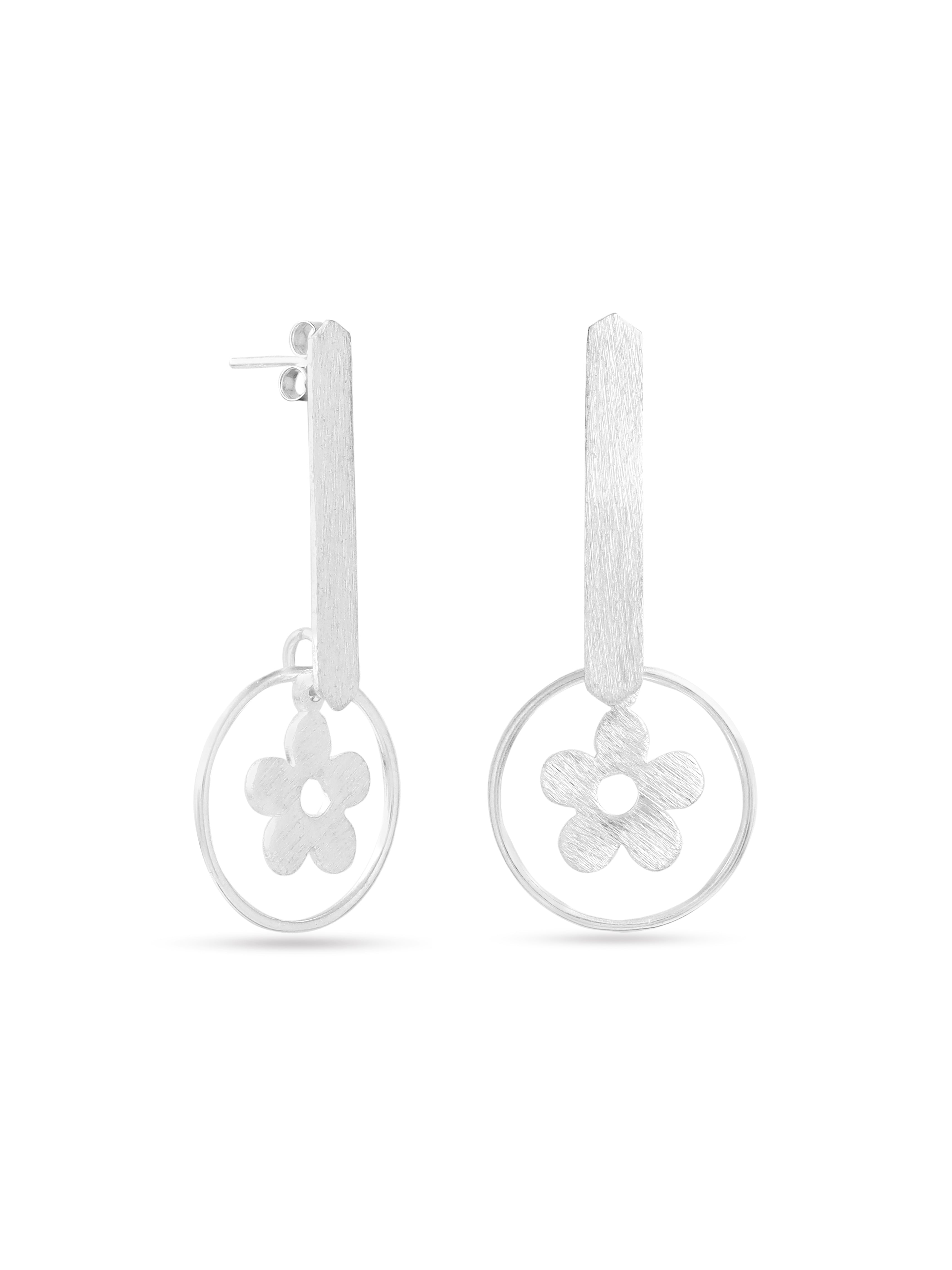 Syra Collection Silver Rhodium Geometric Floral Scratch-Finish Earrings