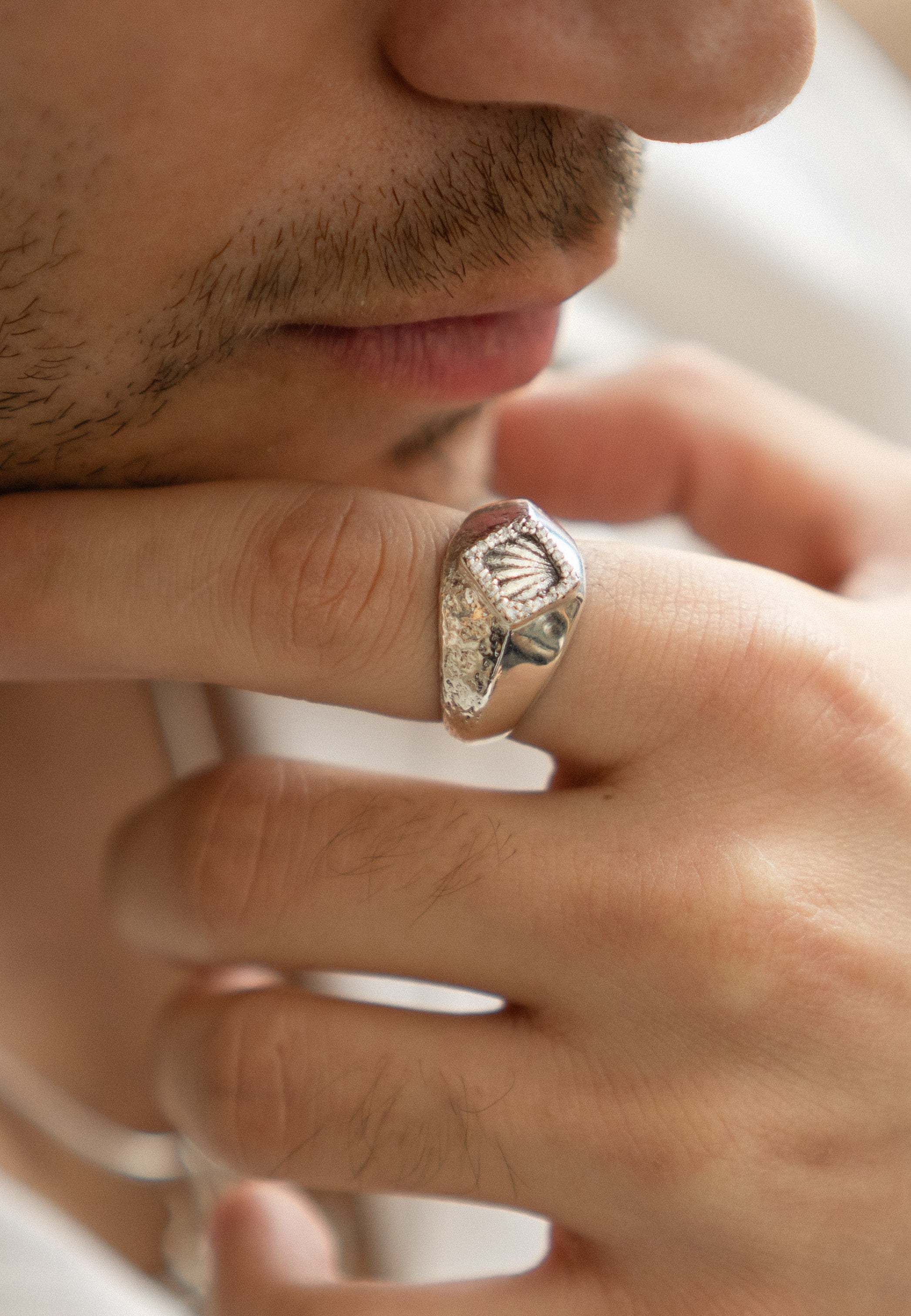 Textured Geometric Moissanite Oxidized Silver 925 Sterling Silver Ring For Men