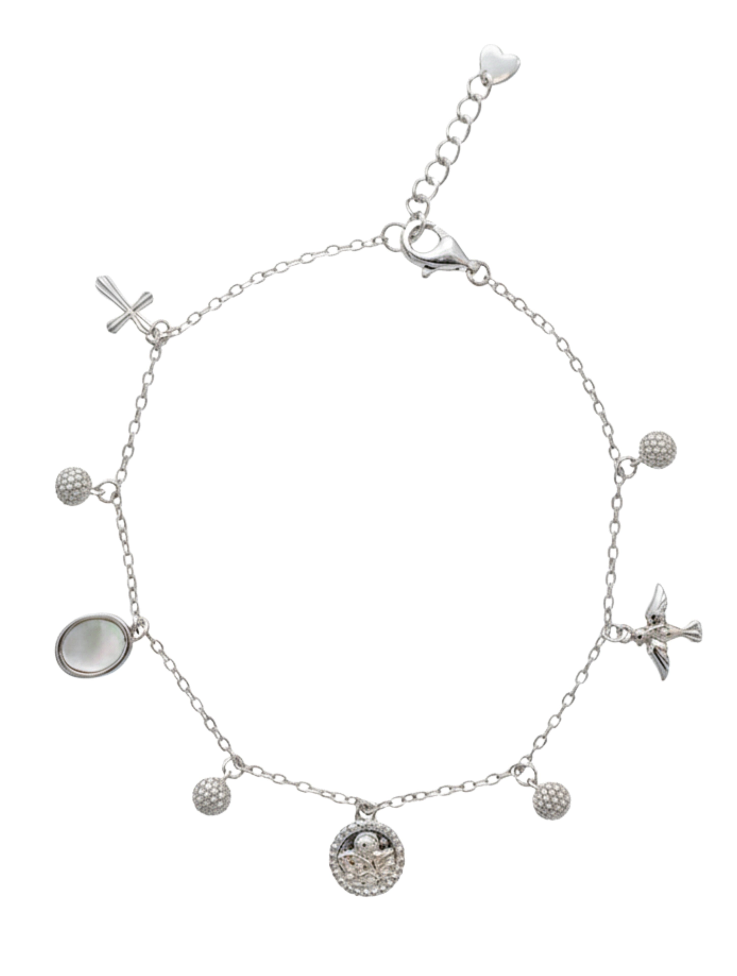 925 Sterling Silver Spiritual Charm Bracelet with Mother of Pearl & Religious Icons