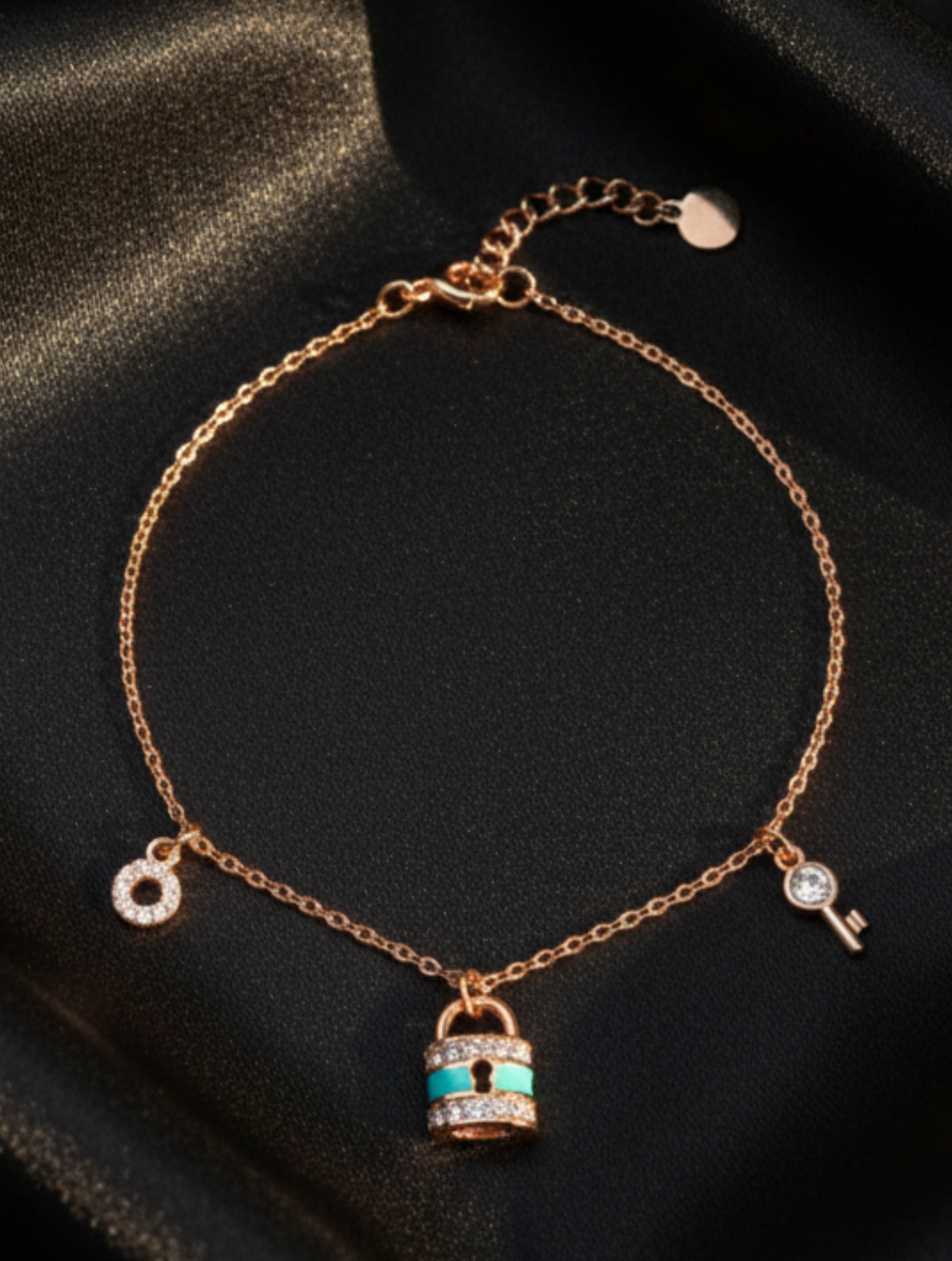 Rose Gold Turquoise Enamel Lock & Key Charm Bracelet in Sterling Silver