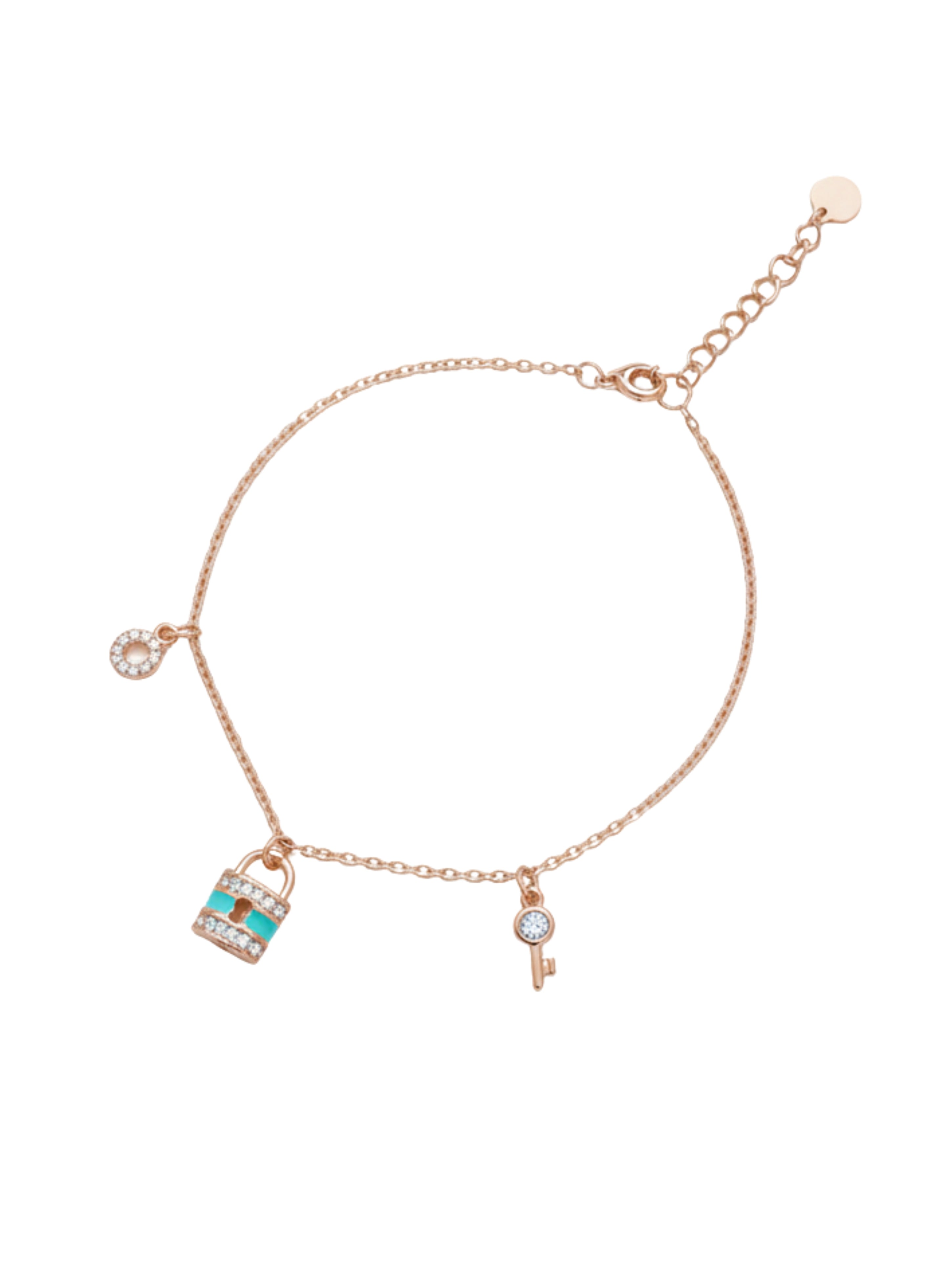 Rose Gold Turquoise Enamel Lock & Key Charm Bracelet in Sterling Silver