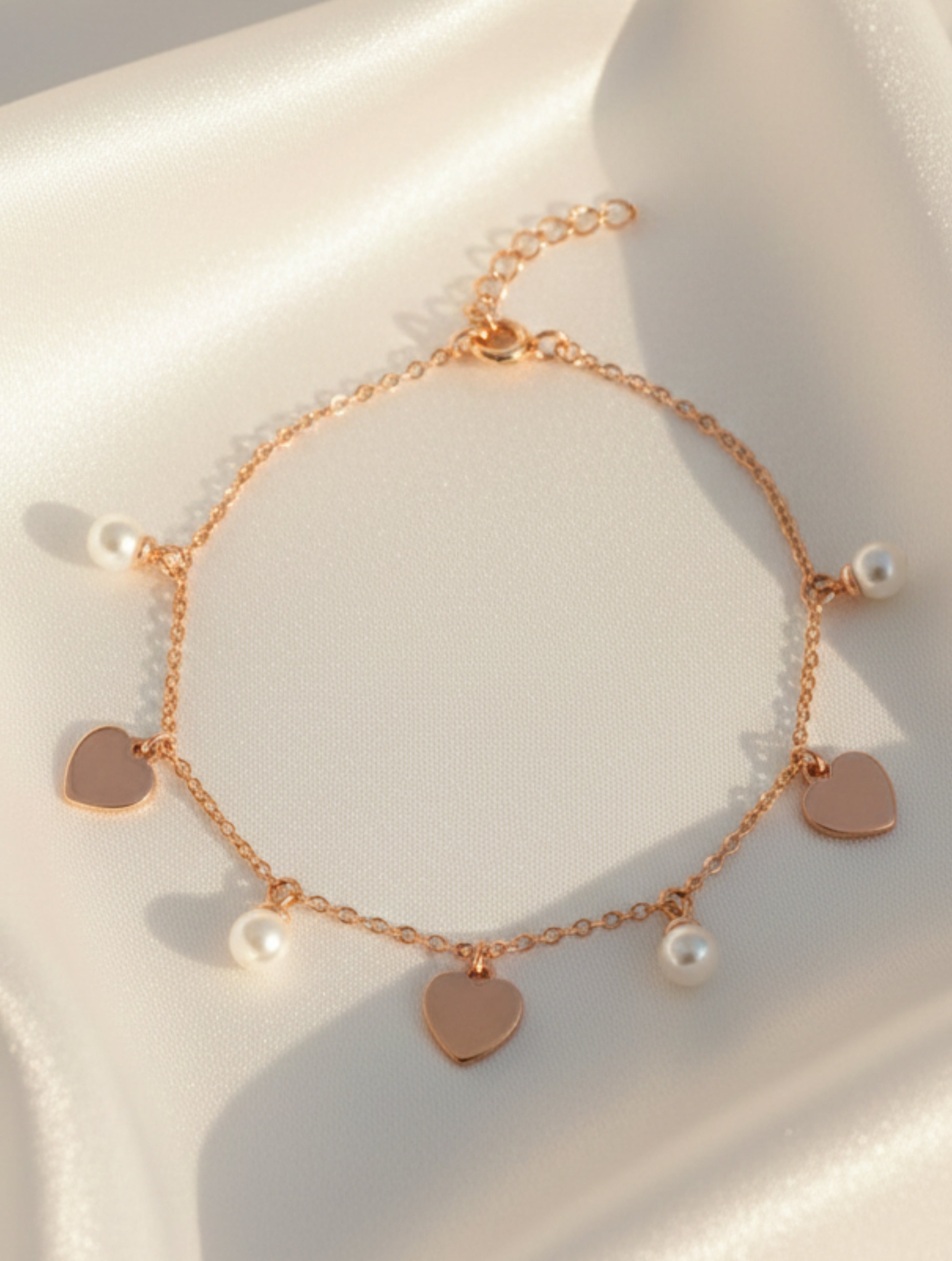 Rose Gold Plated 925 Sterling Silver Heart & Pearl Charm Bracelet