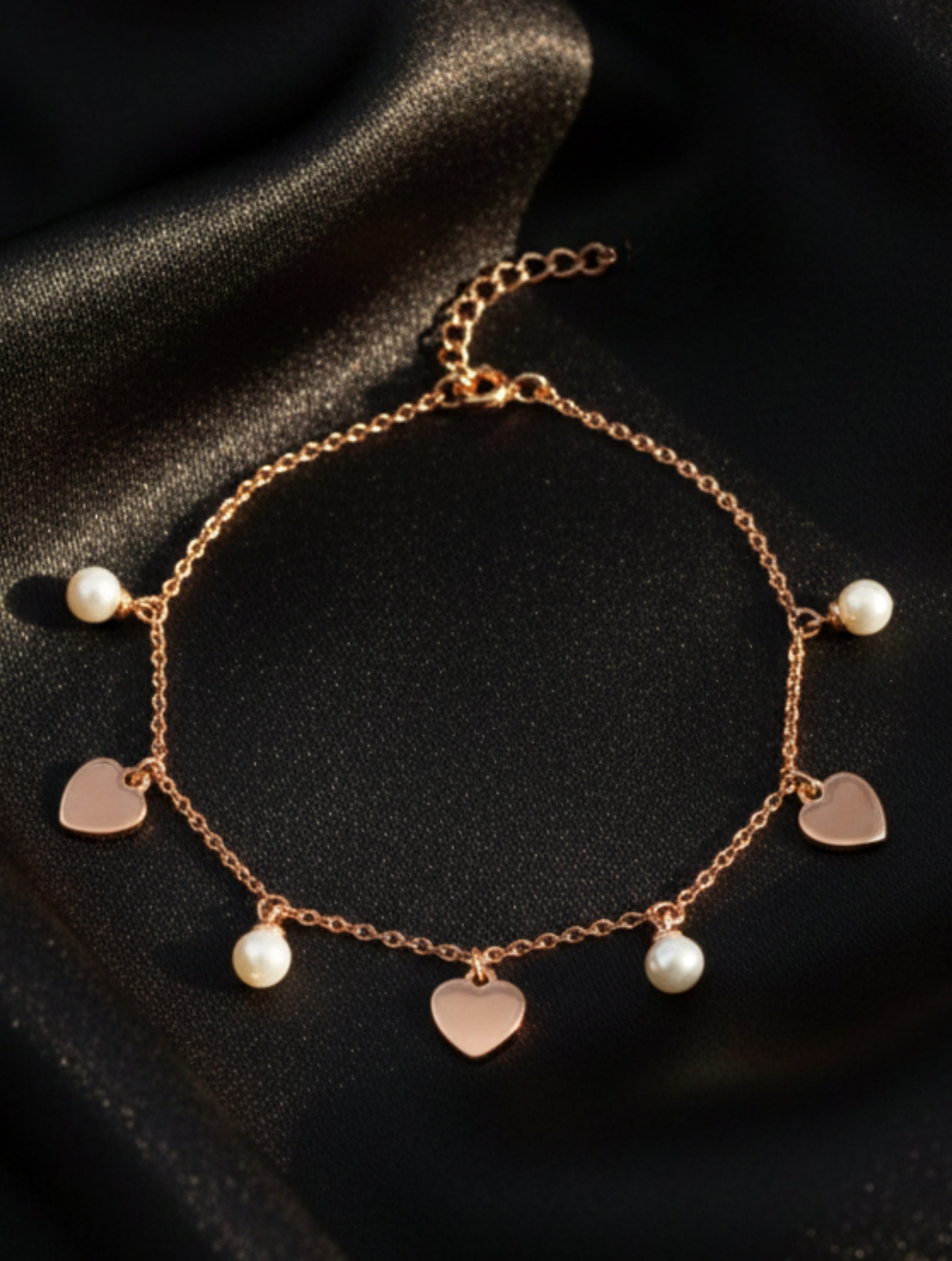 Rose Gold Plated 925 Sterling Silver Heart & Pearl Charm Bracelet