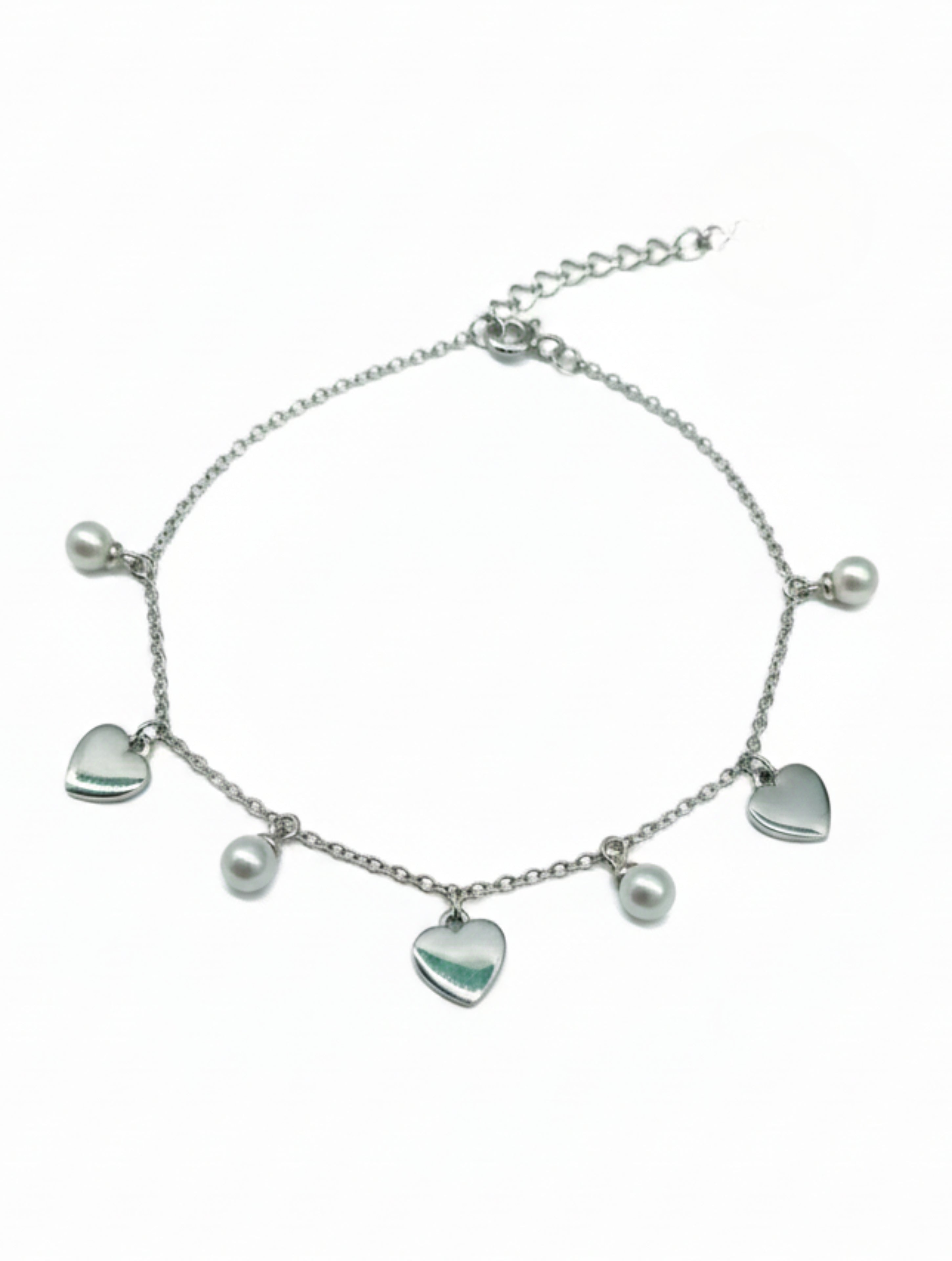 925 Sterling Silver Heart and Pearl Dangle Charm Bracelet