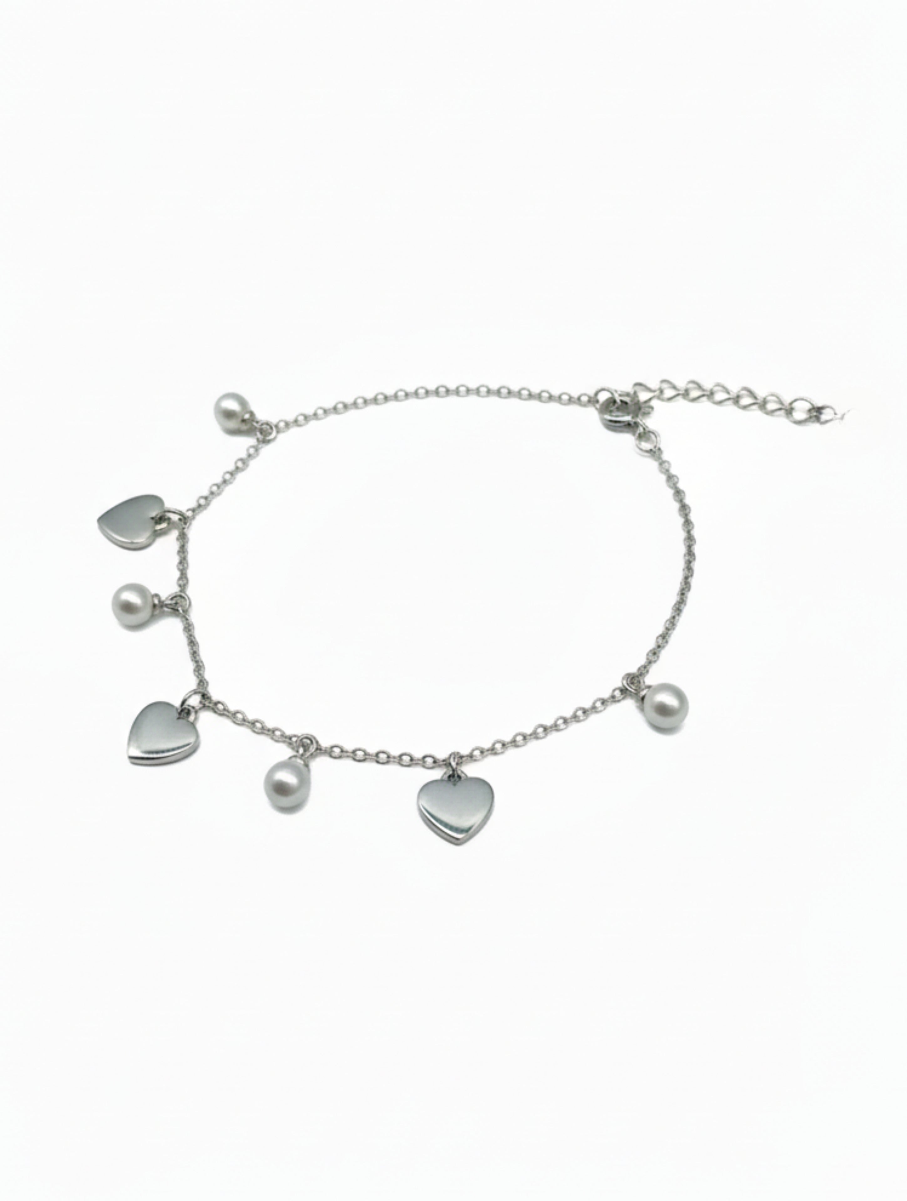 925 Sterling Silver Heart and Pearl Dangle Charm Bracelet