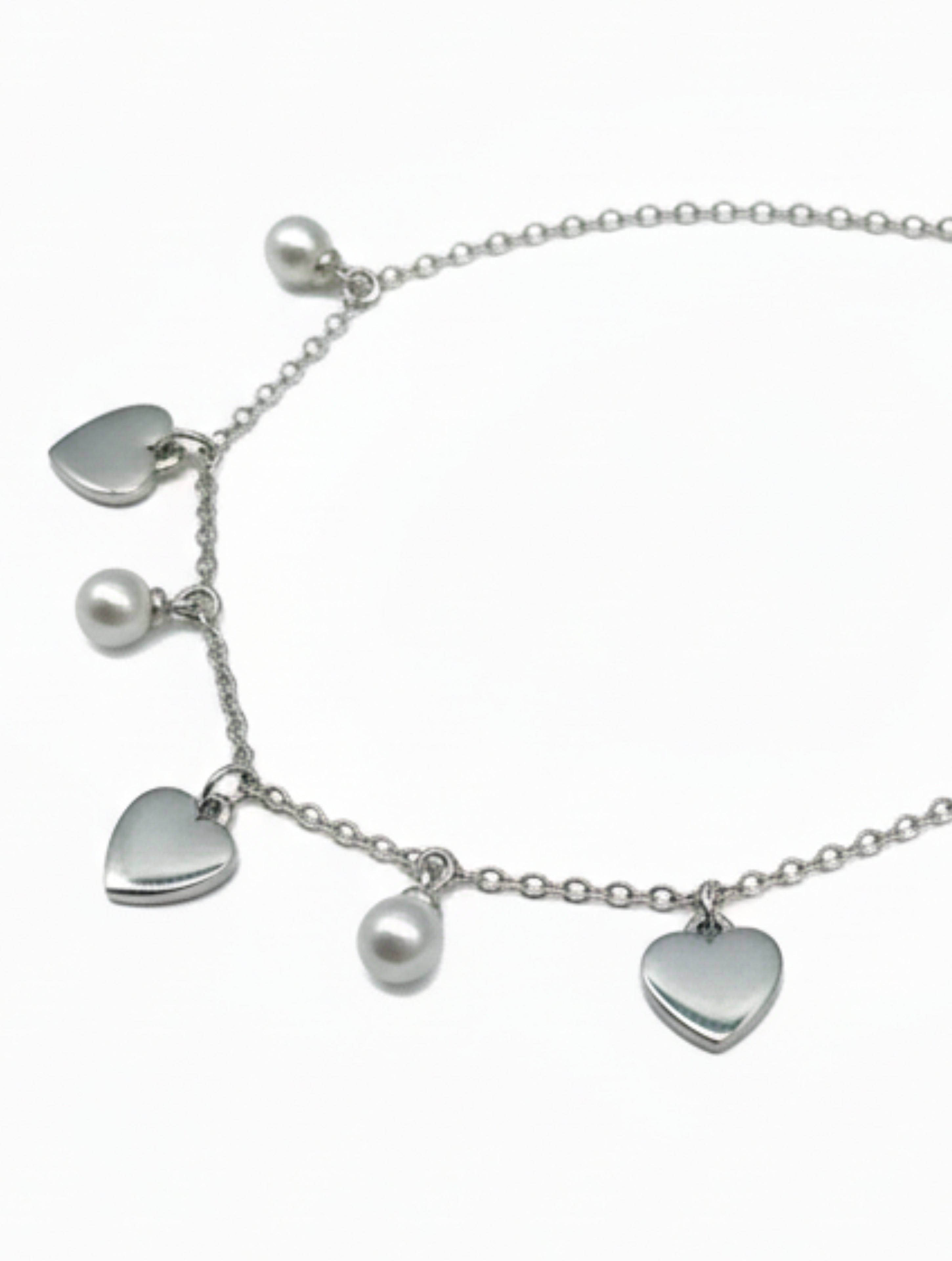 925 Sterling Silver Heart and Pearl Dangle Charm Bracelet