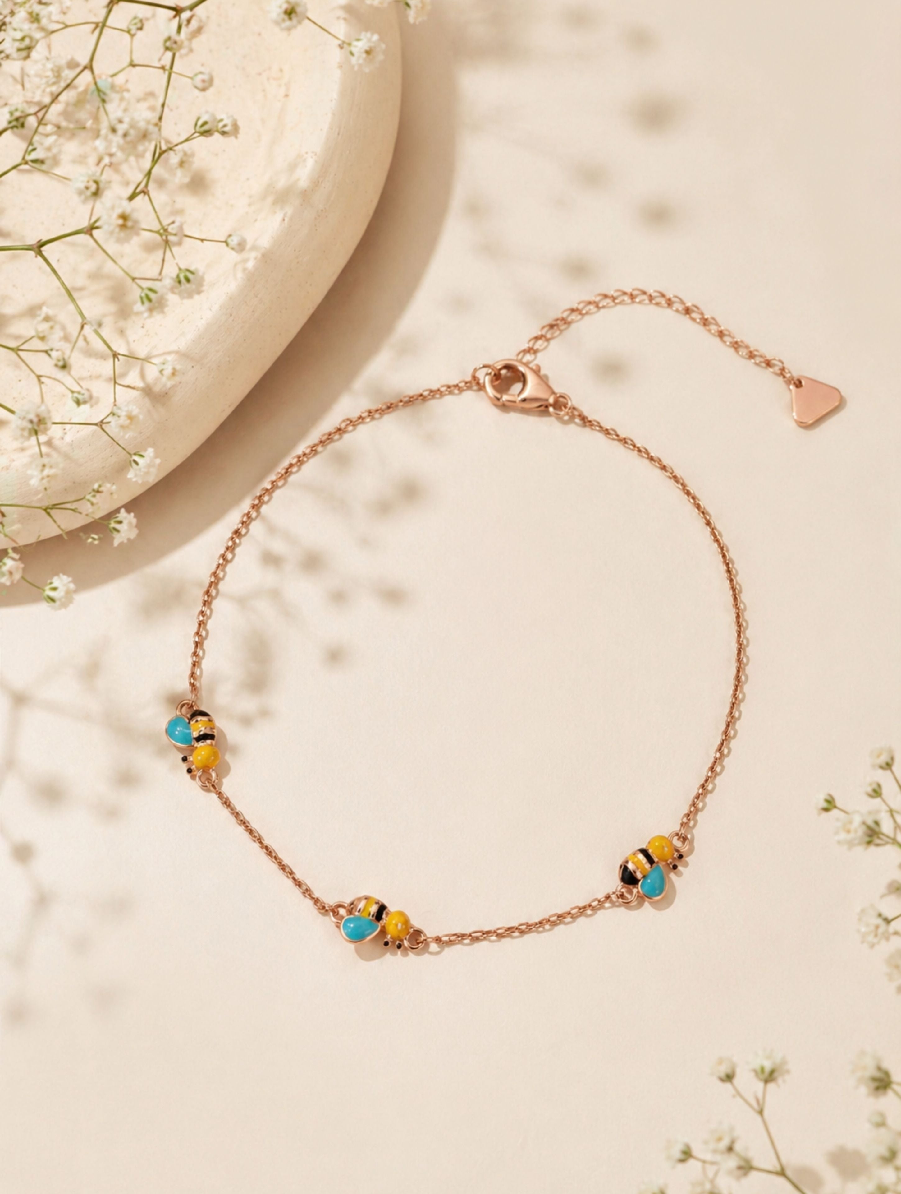 Enchanted Honeybee Trio 925 Sterling Silver Bracelet in Rose Gold