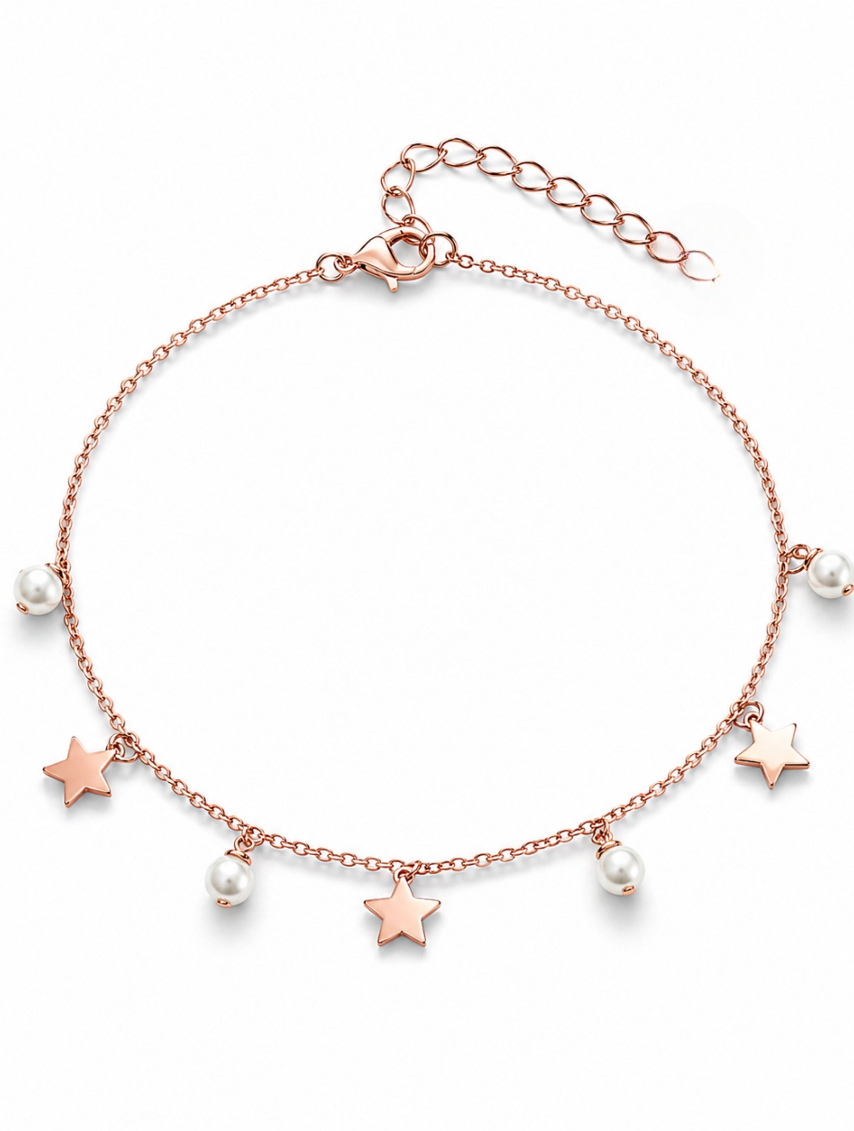 Star & Pearl Drop Charm Silver Bracelet in Rose Gold