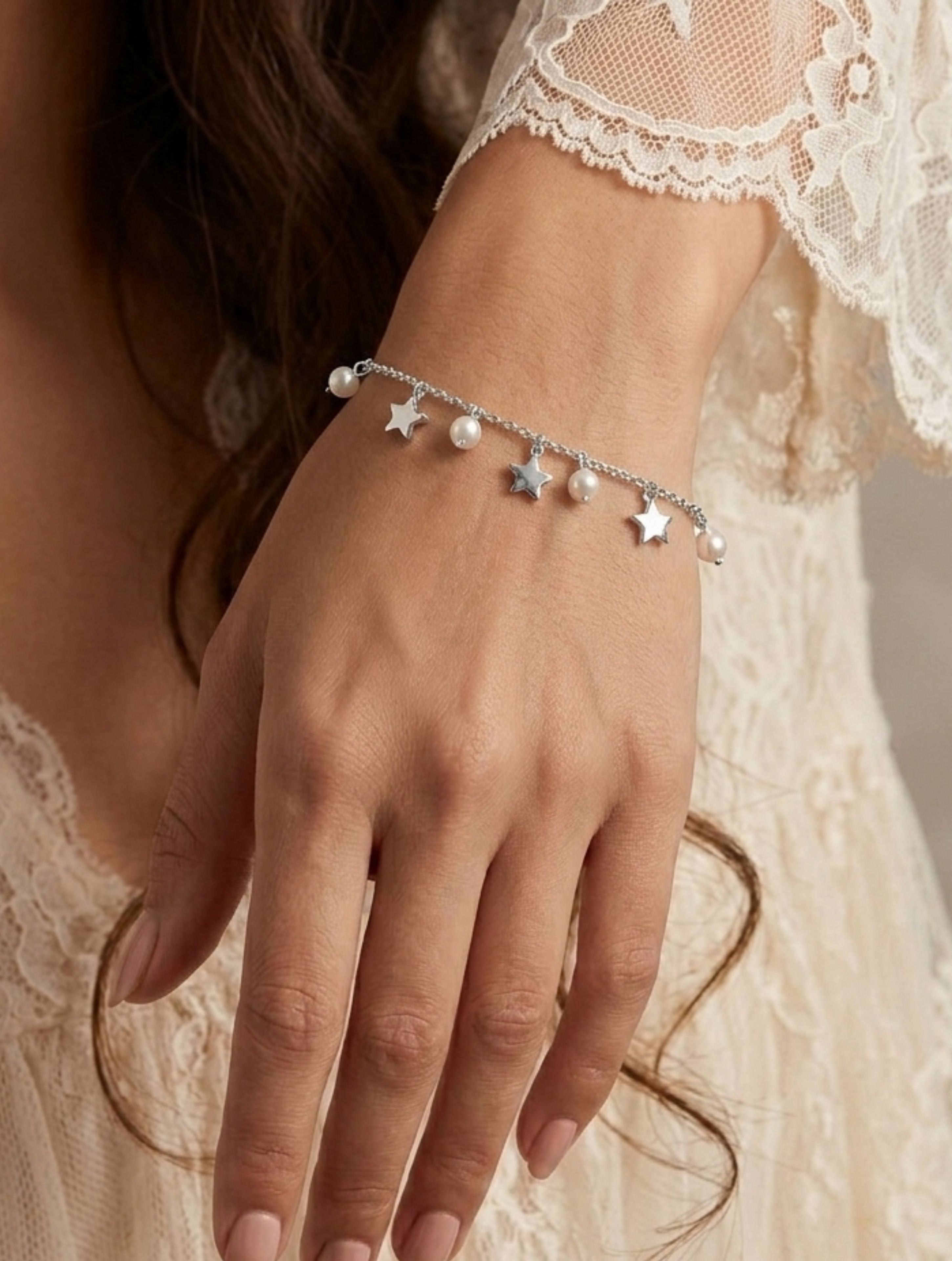 Pearl & Star Charm Bracelet in 925 Sterling Silver