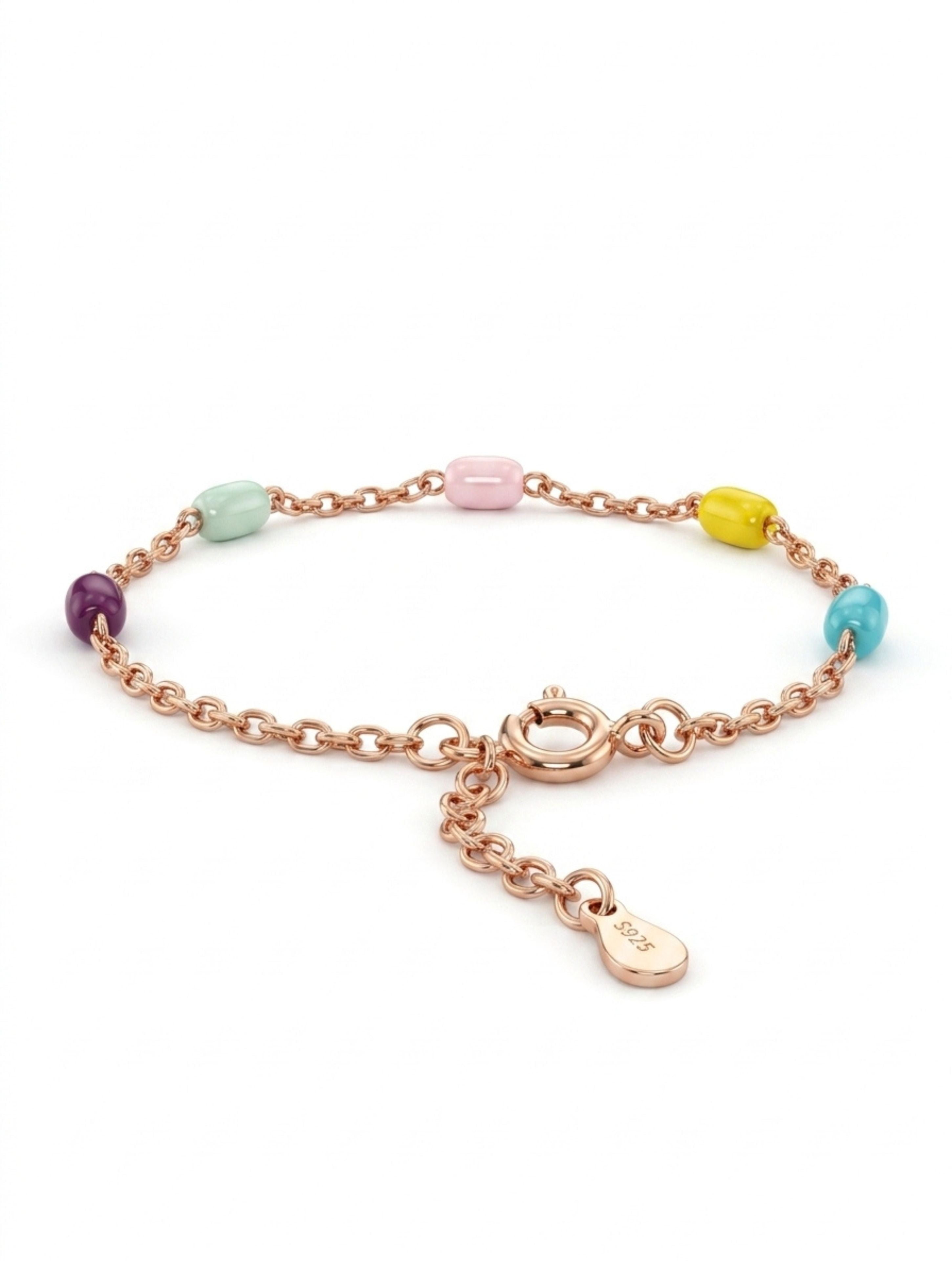 Multi-Color Bead Station Bracelet in Rose Gold Plated 925 Sterling Silver