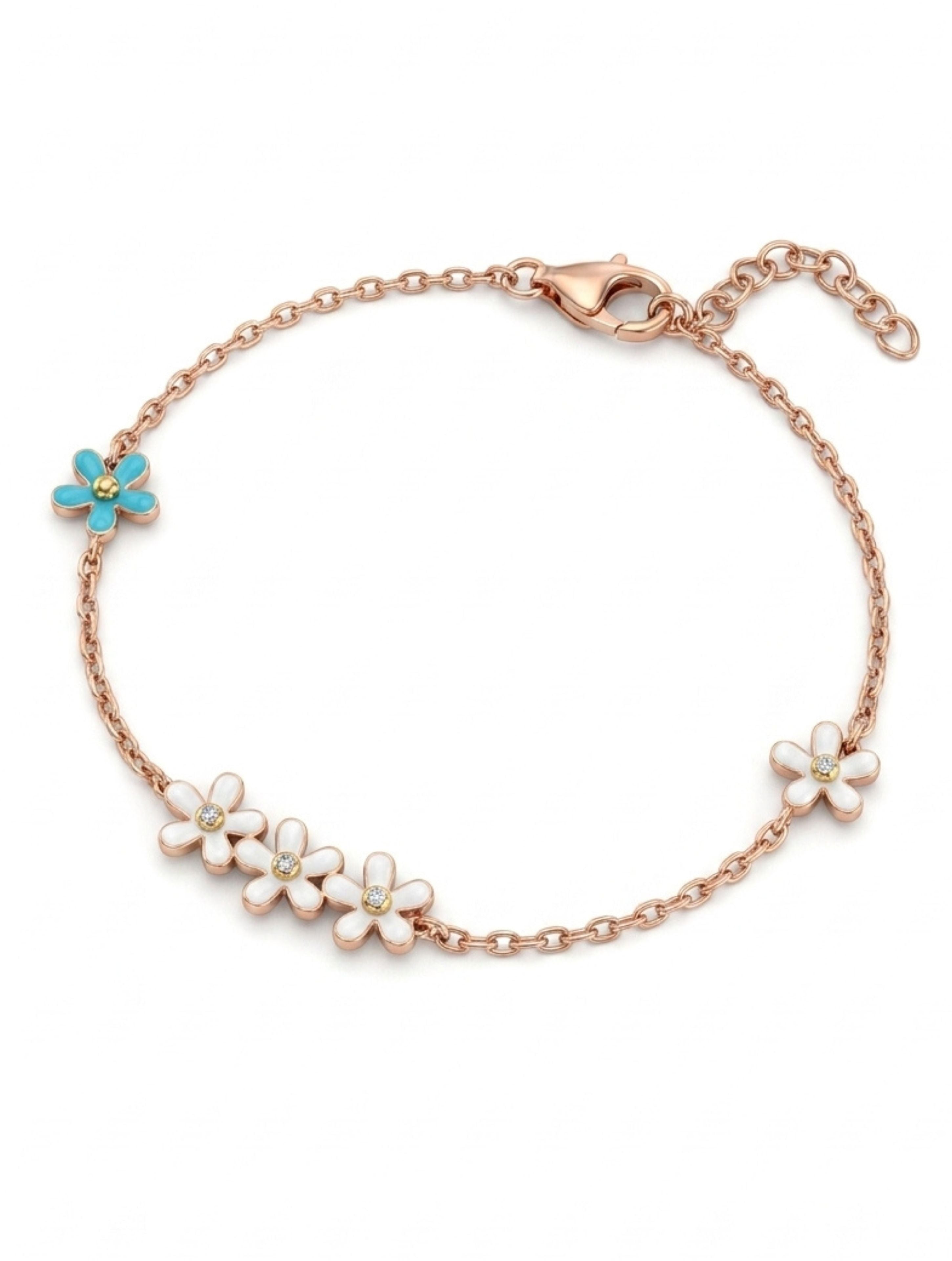Rose Gold Blossom Trio & Turquoise Accent Enamel Bracelet in 925 Sterling Silver