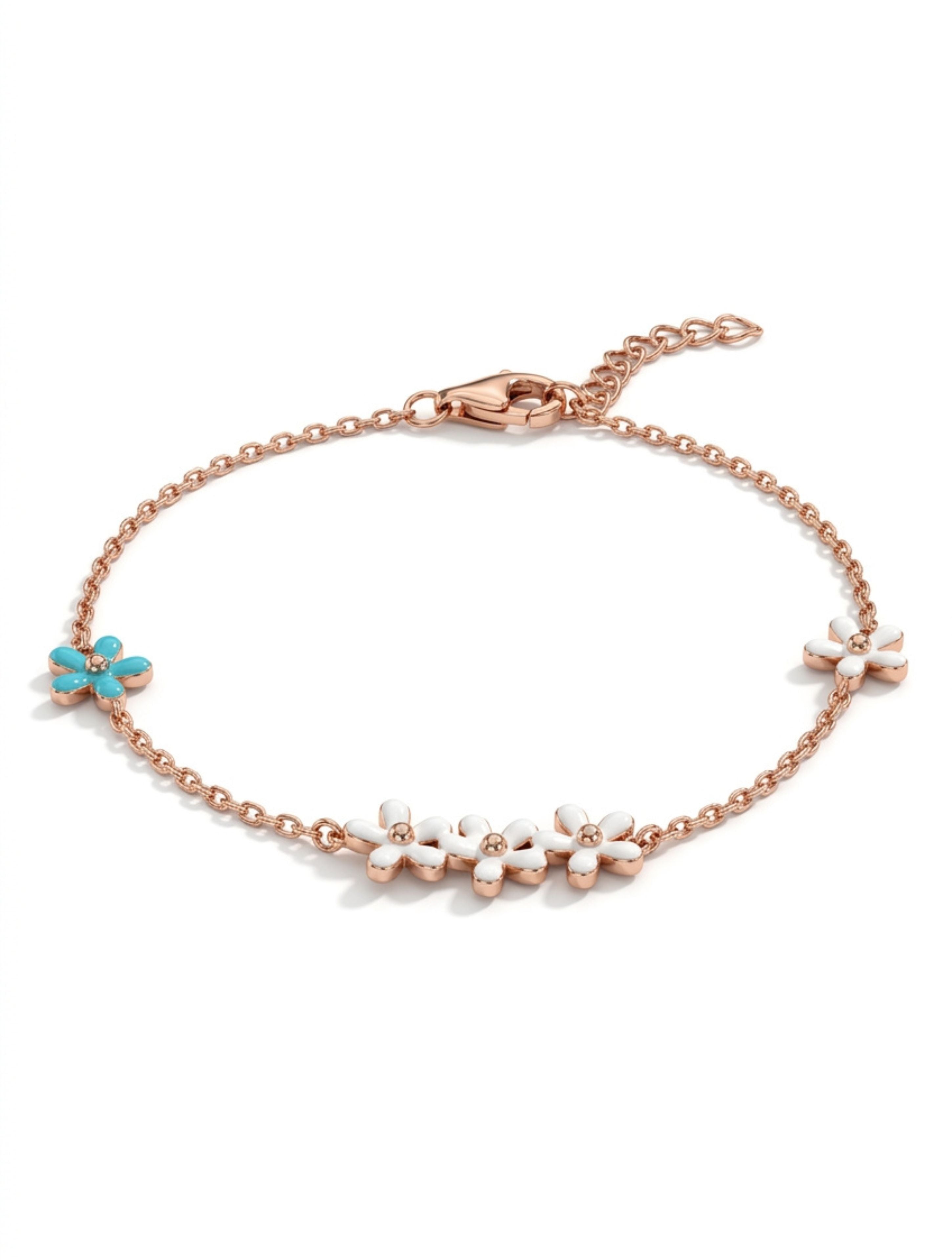 Rose Gold Blossom Trio & Turquoise Accent Enamel Bracelet in 925 Sterling Silver