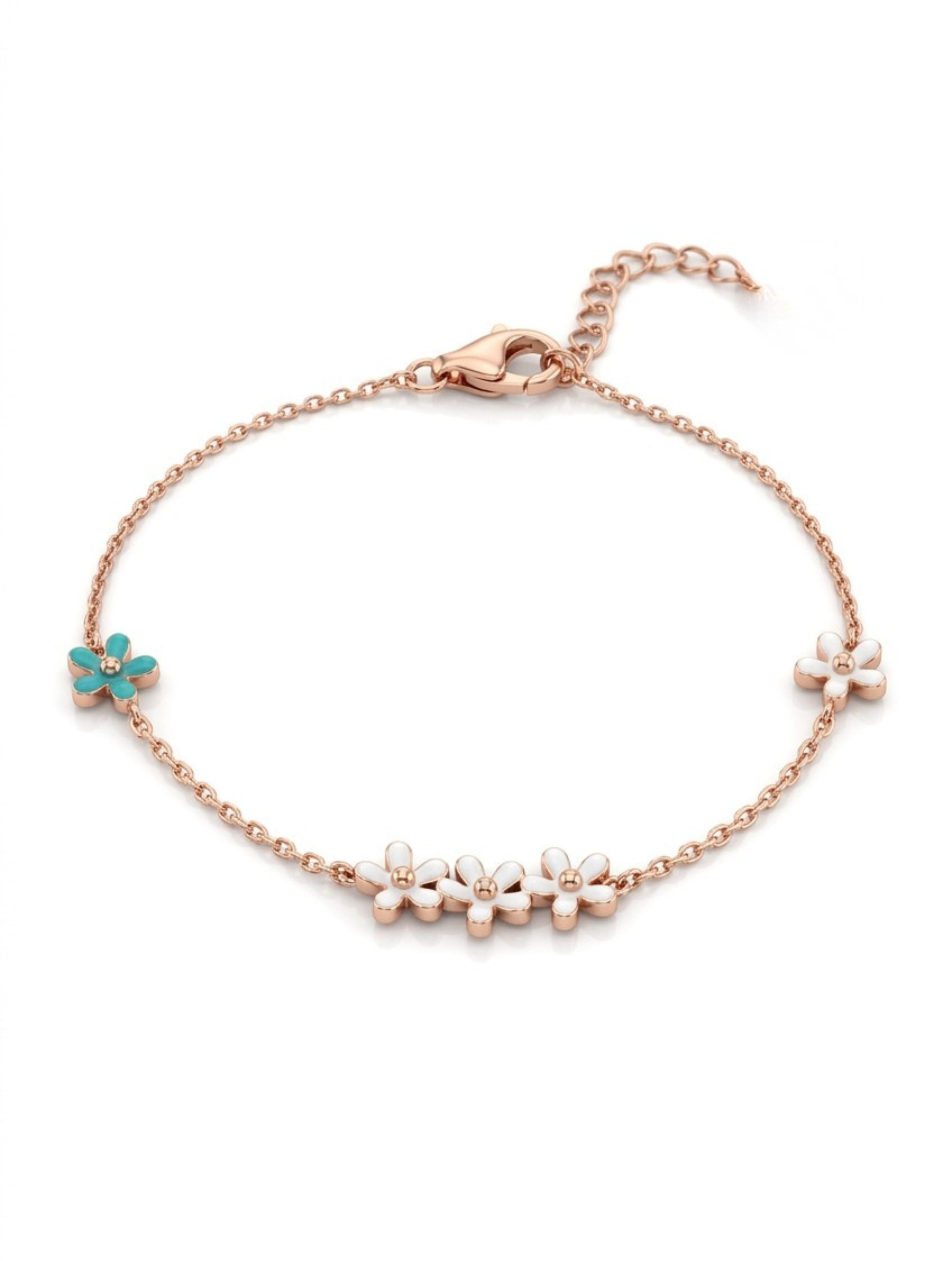 Rose Gold Blossom Trio & Turquoise Accent Enamel Bracelet in 925 Sterling Silver