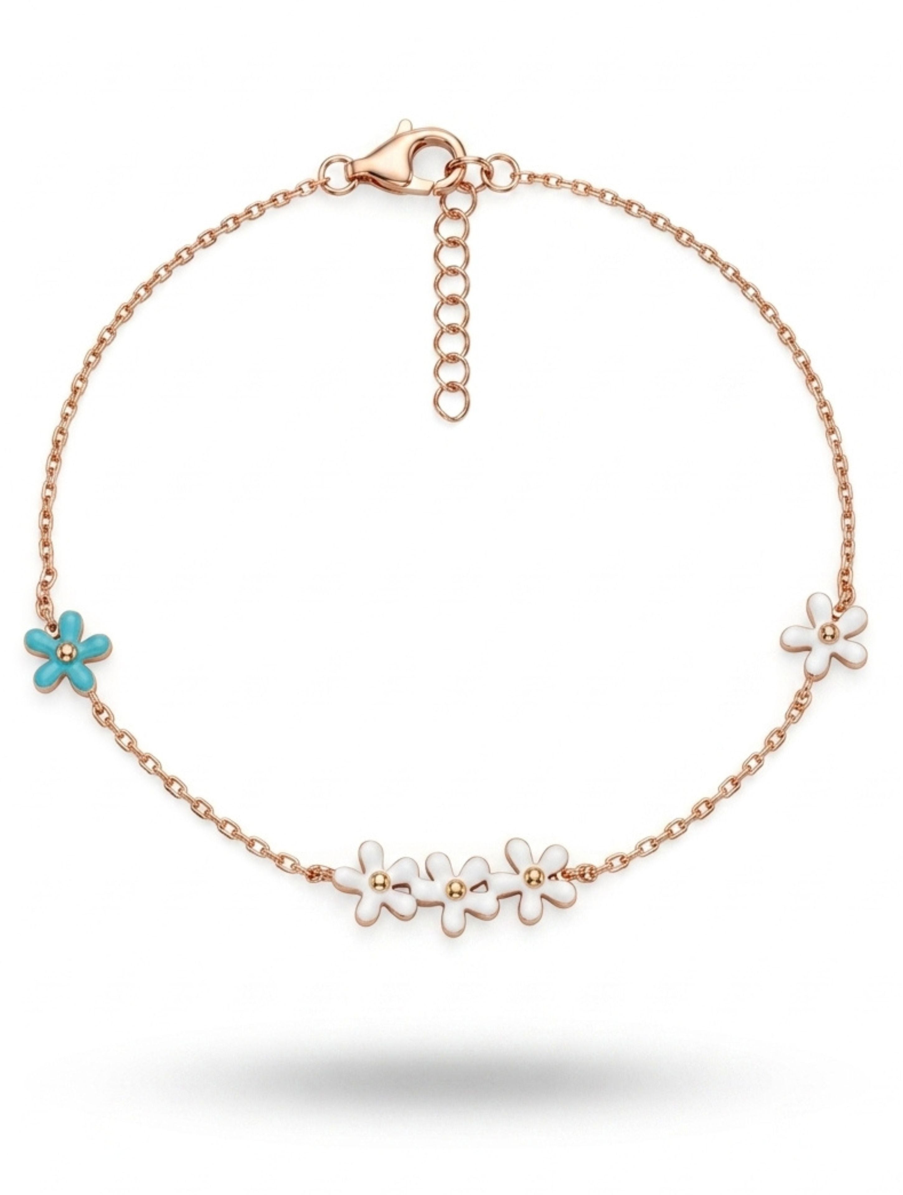Rose Gold Blossom Trio & Turquoise Accent Enamel Bracelet in 925 Sterling Silver