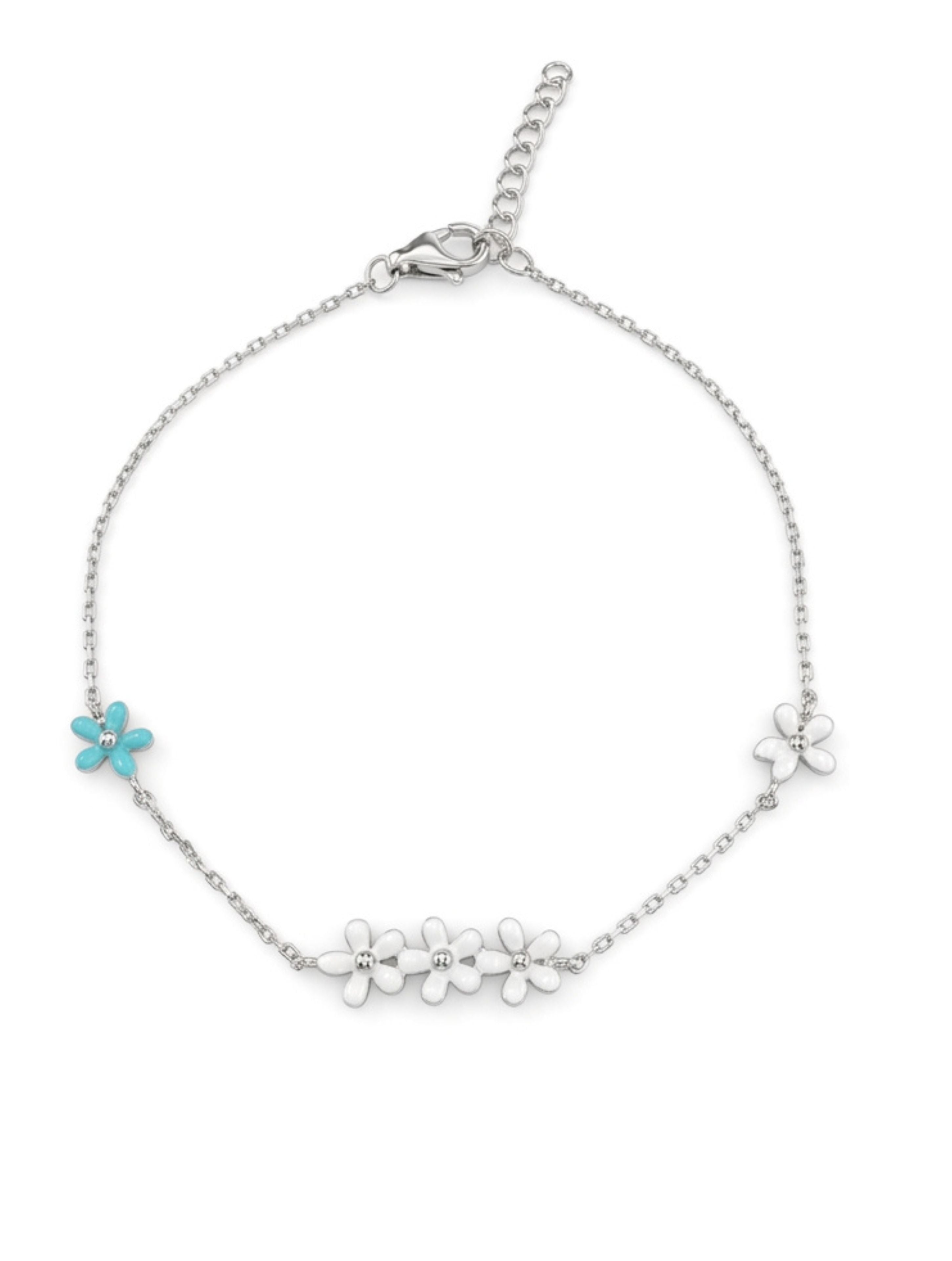 Sterling Silver Blossom Trio & Turquoise Accent Enamel Bracelet