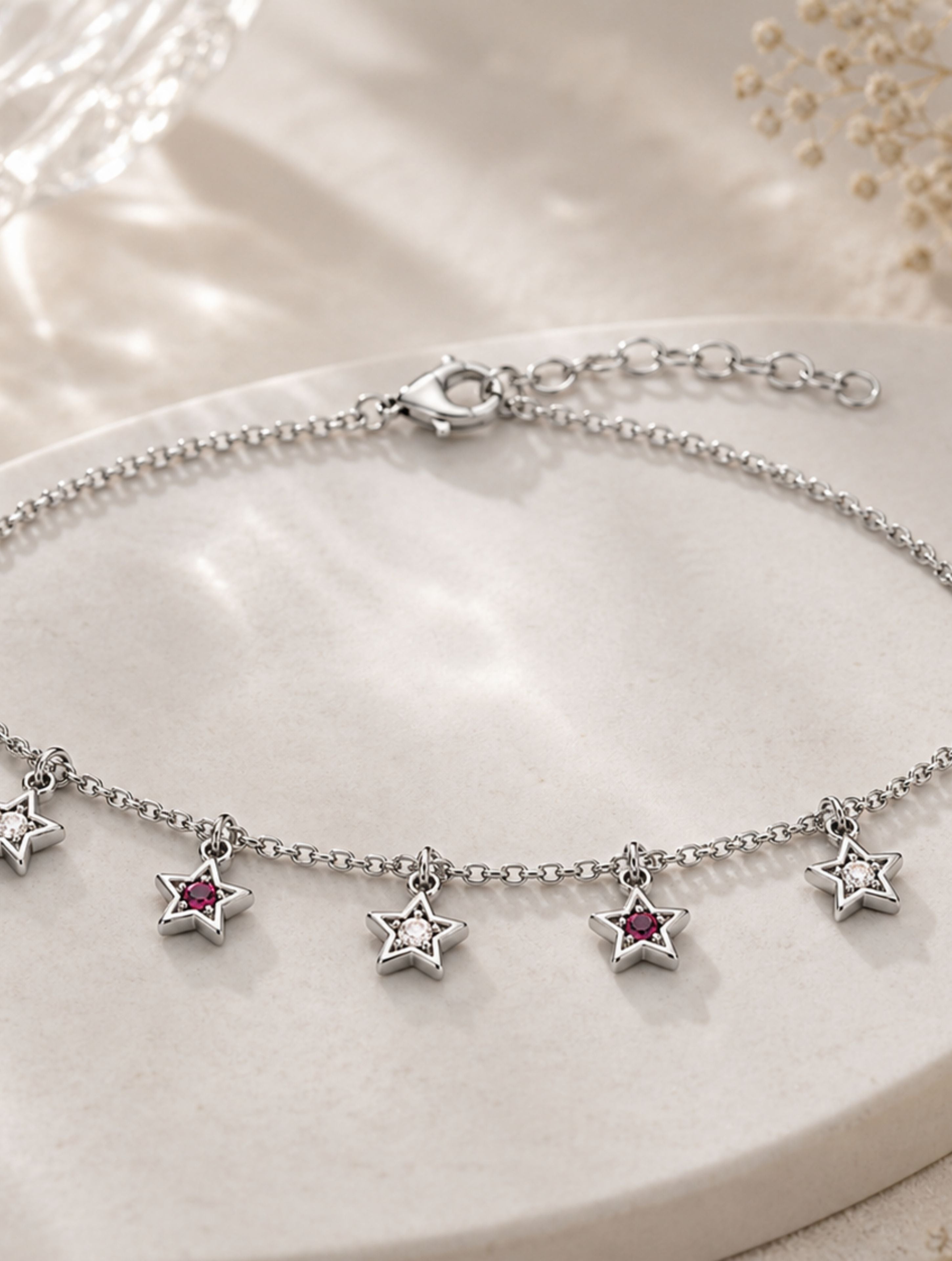 925 Sterling Silver Star Charm Bracelet with Red & White Stones