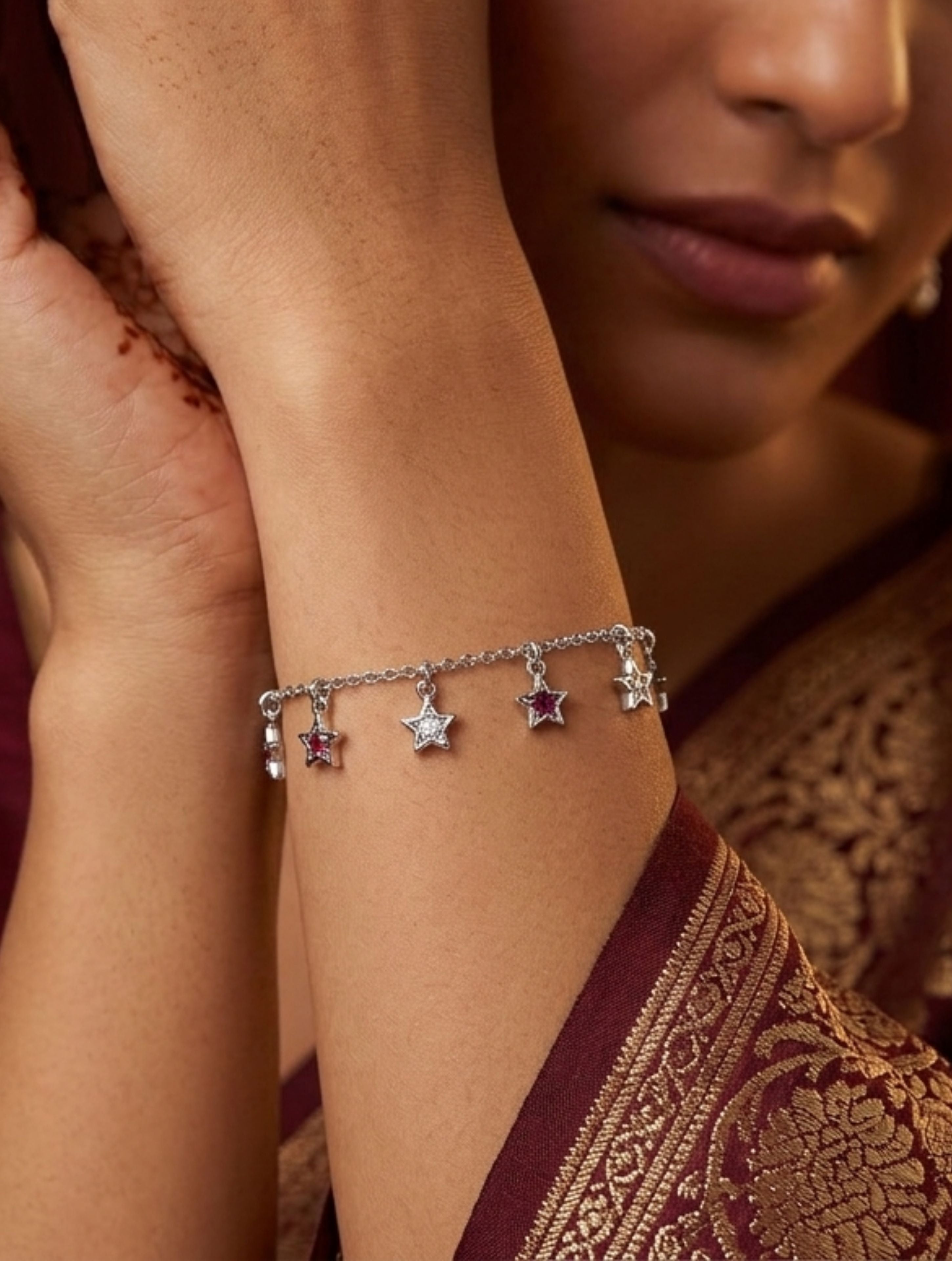 925 Sterling Silver Star Charm Bracelet with Red & White Stones