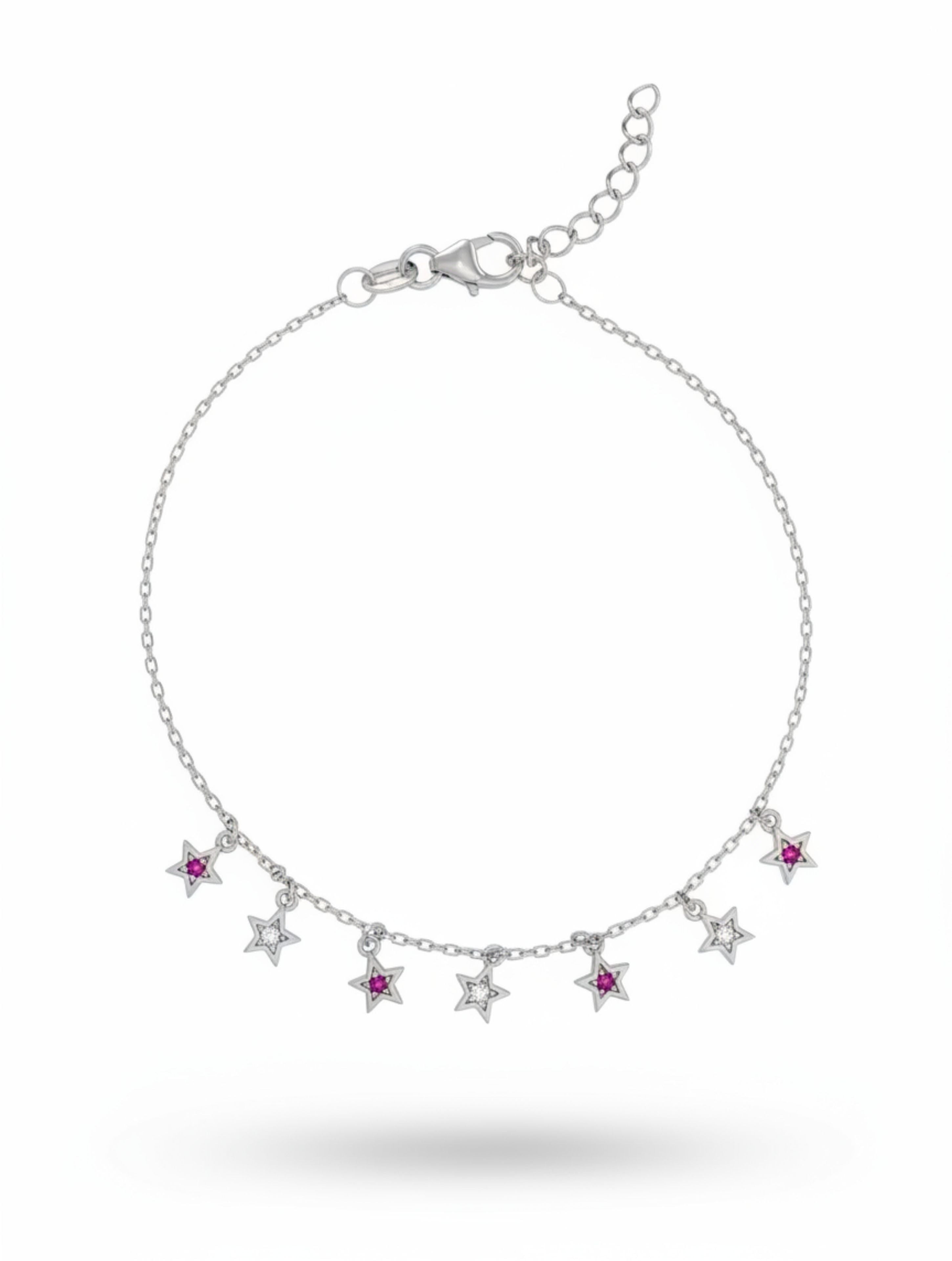 925 Sterling Silver Star Charm Bracelet with Red & White Stones