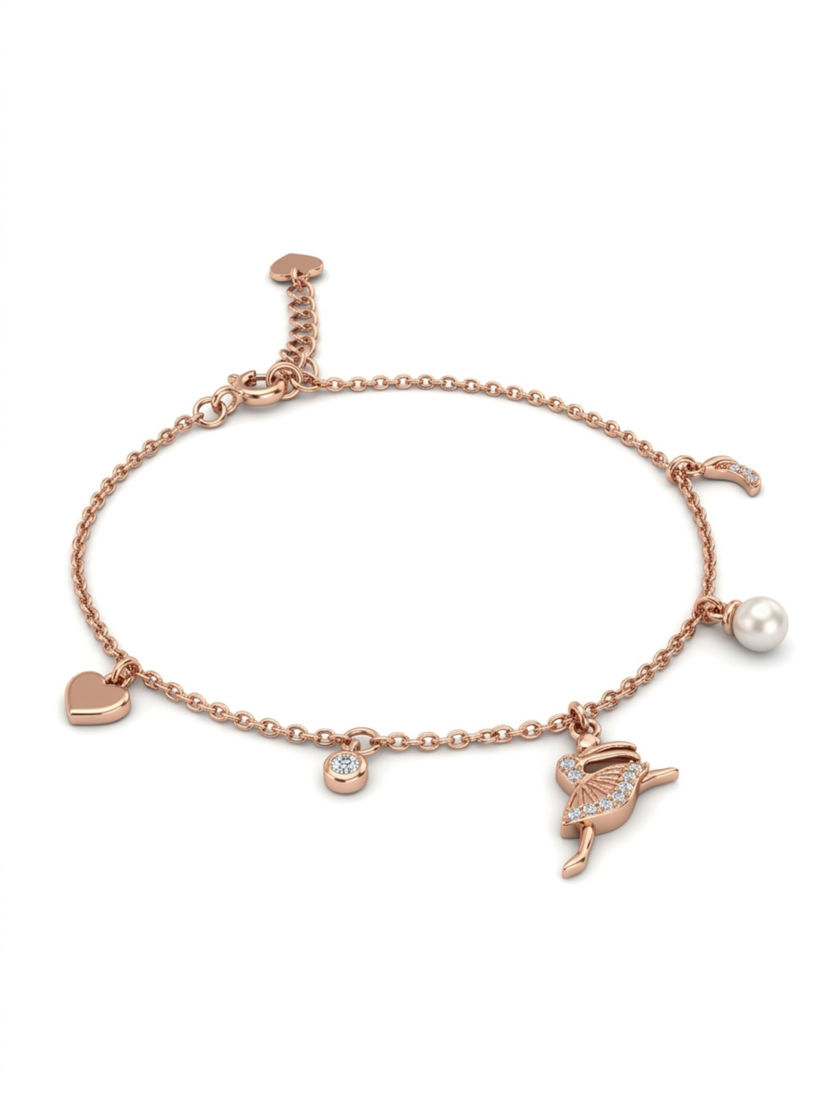 Rose Gold Dancing Ballerina Charm Bracelet in Sterling Silver