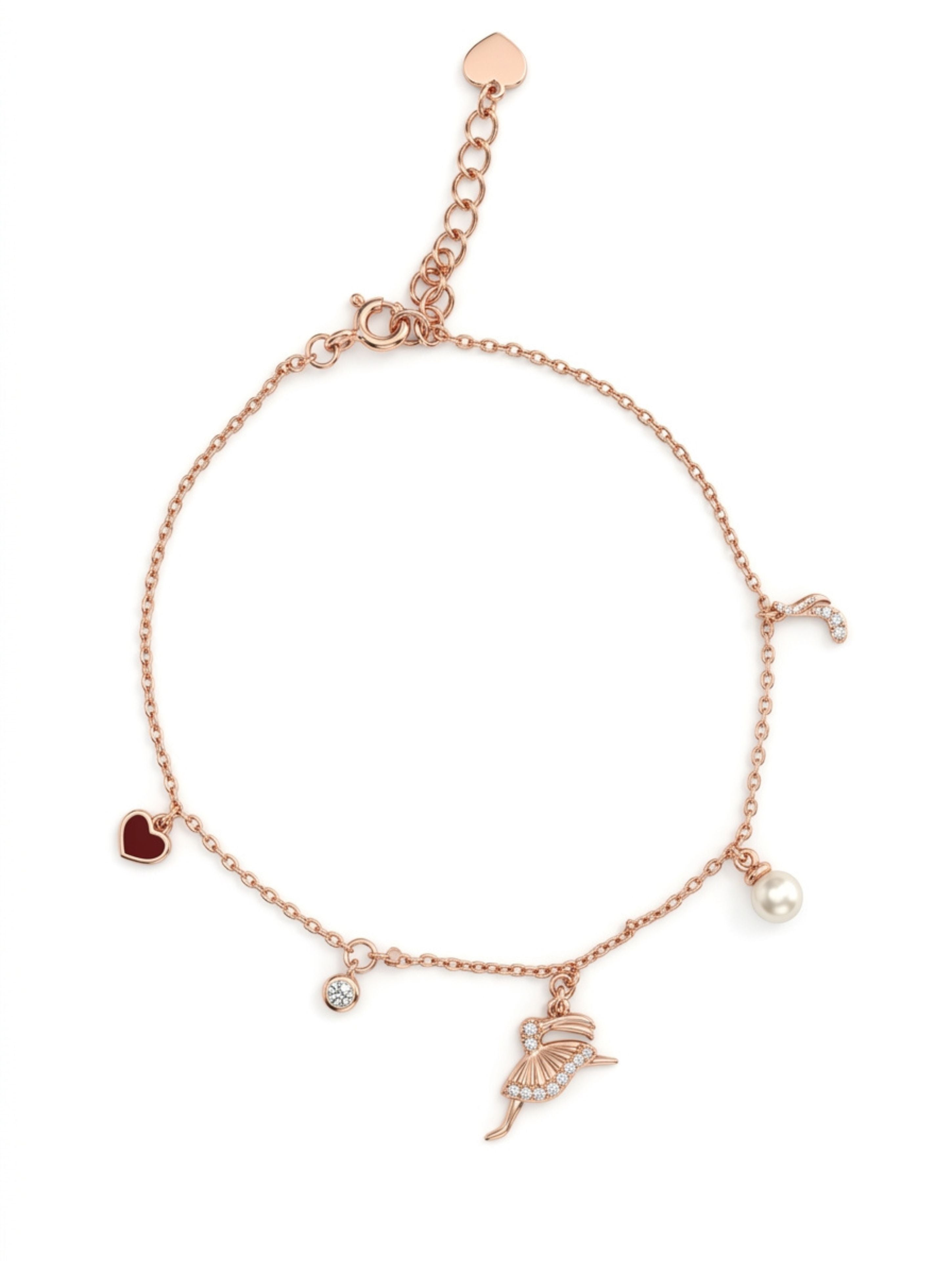 Rose Gold Dancing Ballerina Charm Bracelet in Sterling Silver