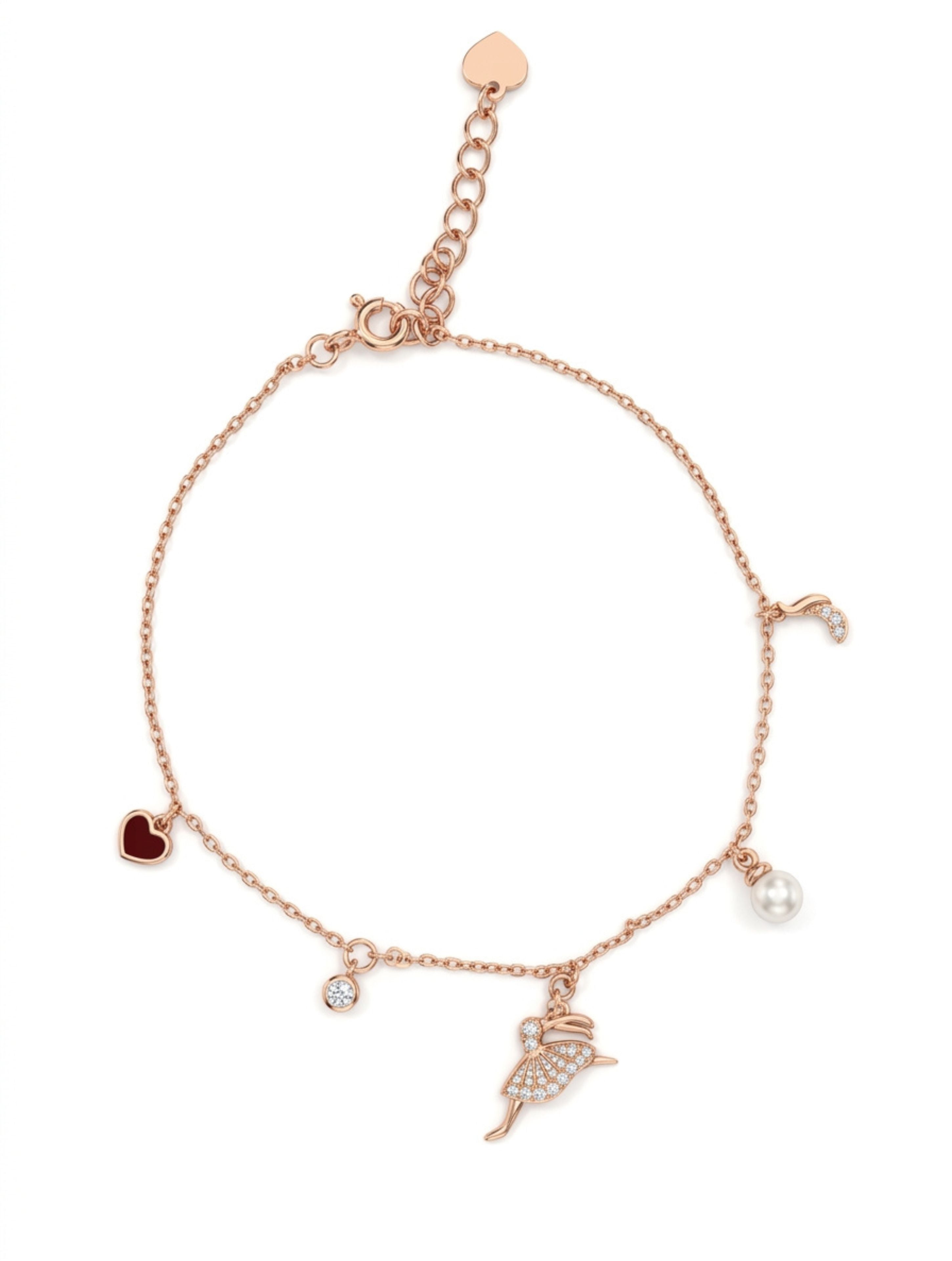 Rose Gold Dancing Ballerina Charm Bracelet in Sterling Silver
