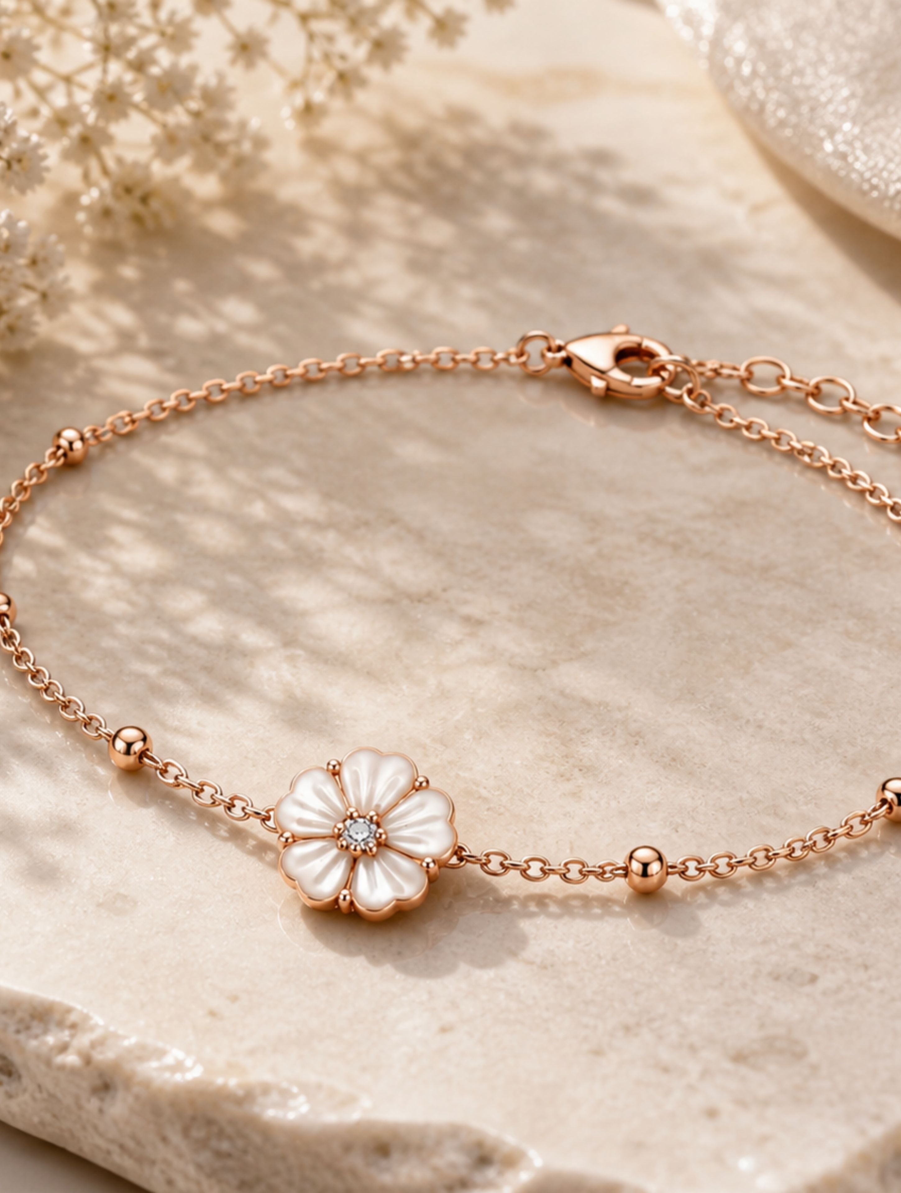 Rose Gold Floral Charm Sterling Silver Bracelet