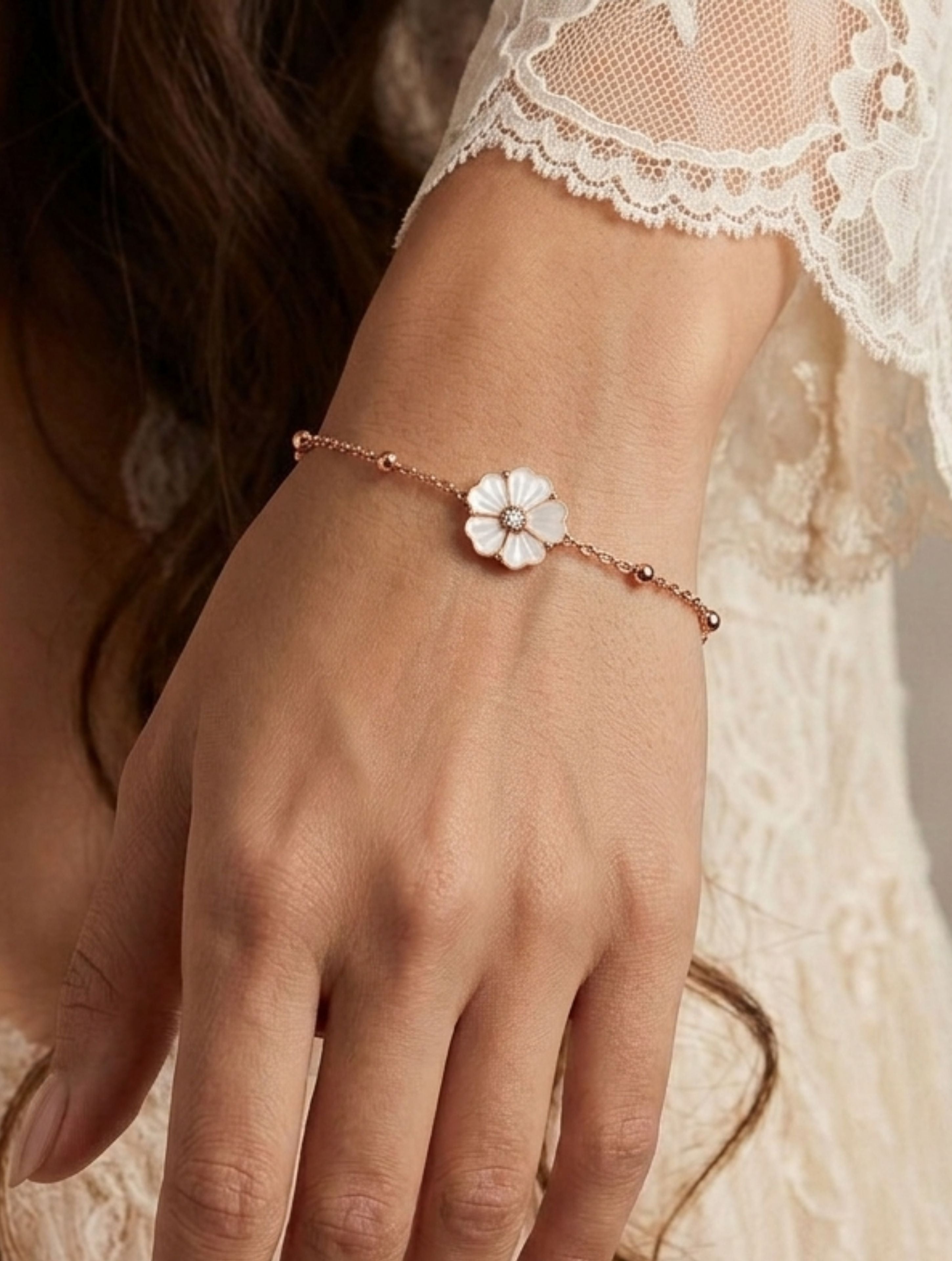 Rose Gold Floral Charm Sterling Silver Bracelet