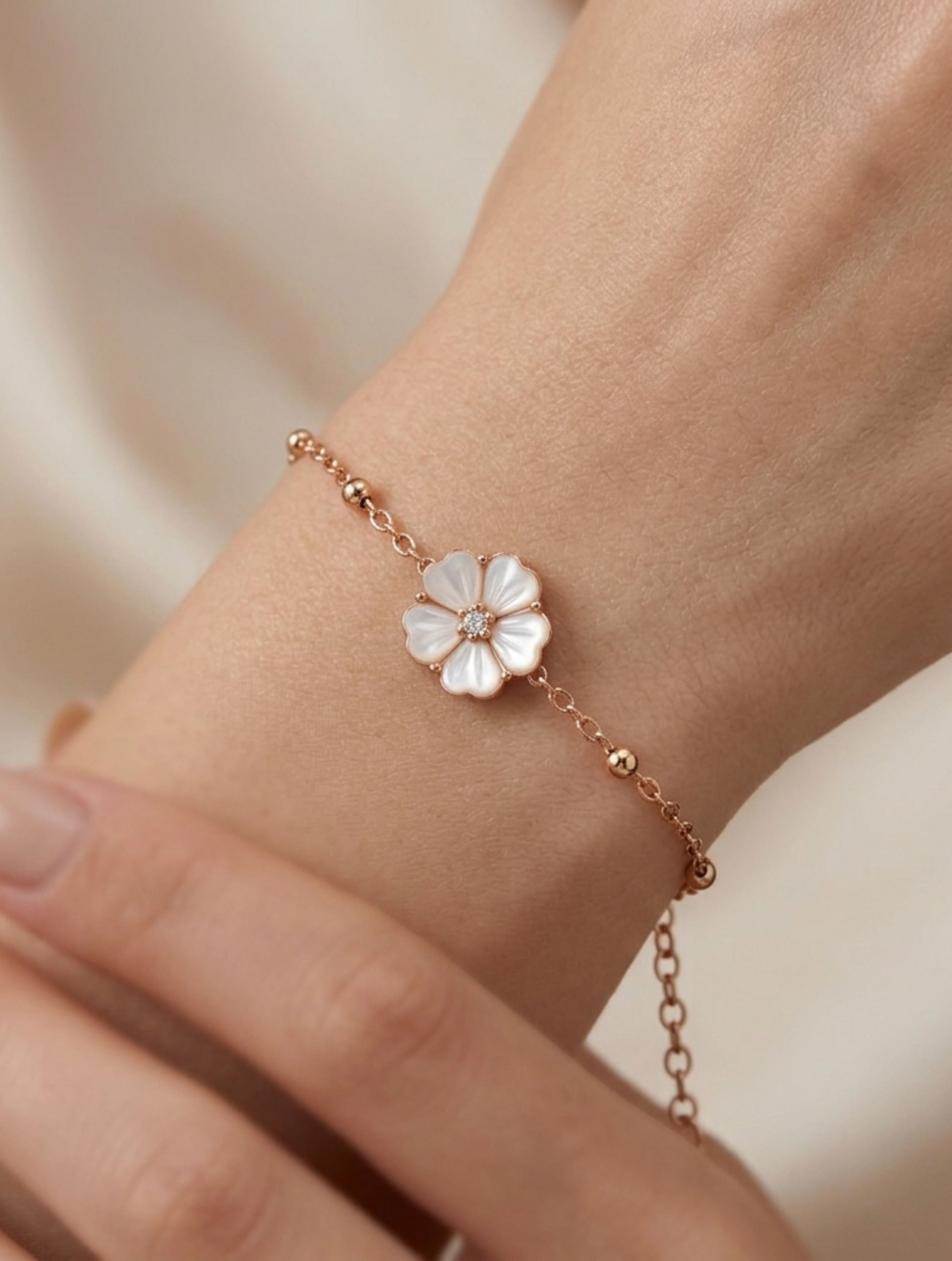 Rose Gold Floral Charm Sterling Silver Bracelet