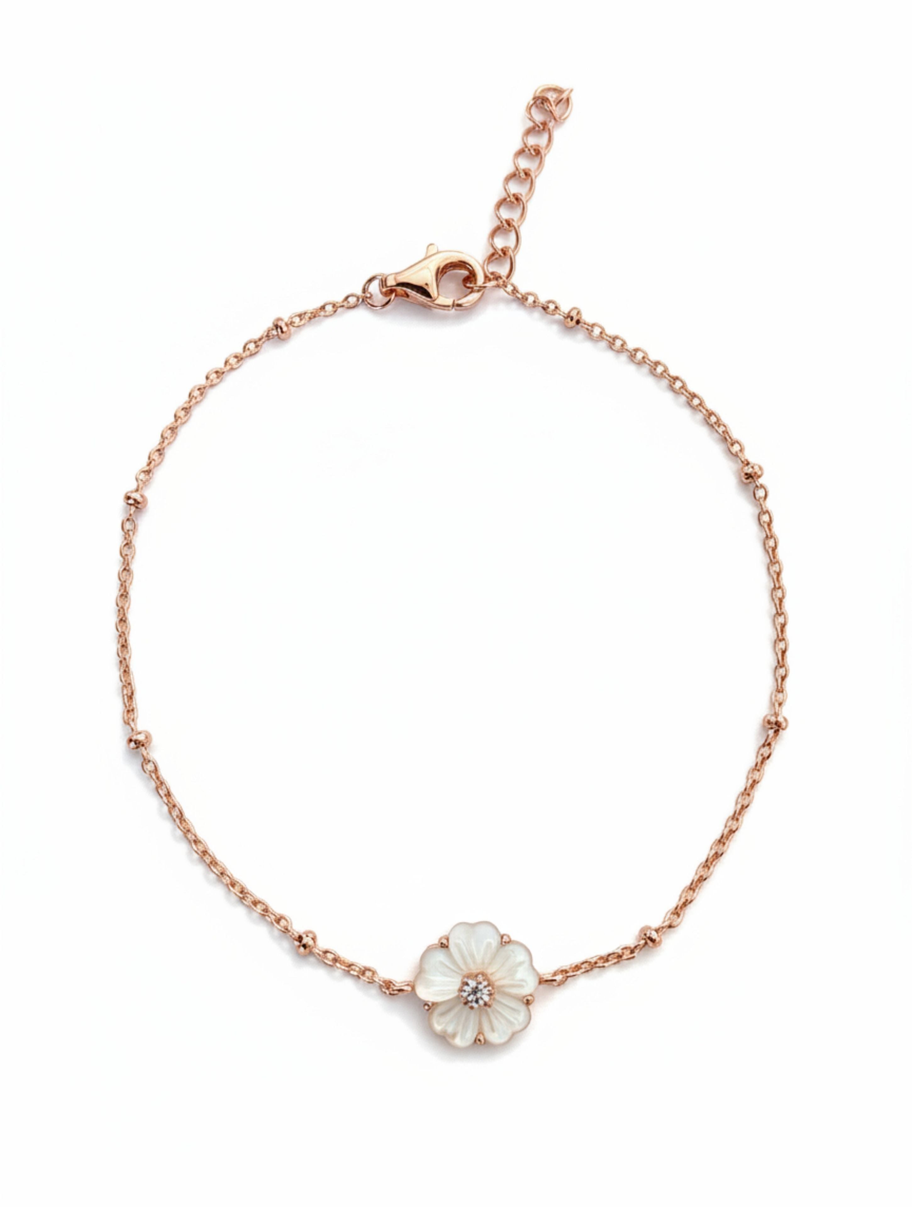 Rose Gold Floral Charm Sterling Silver Bracelet