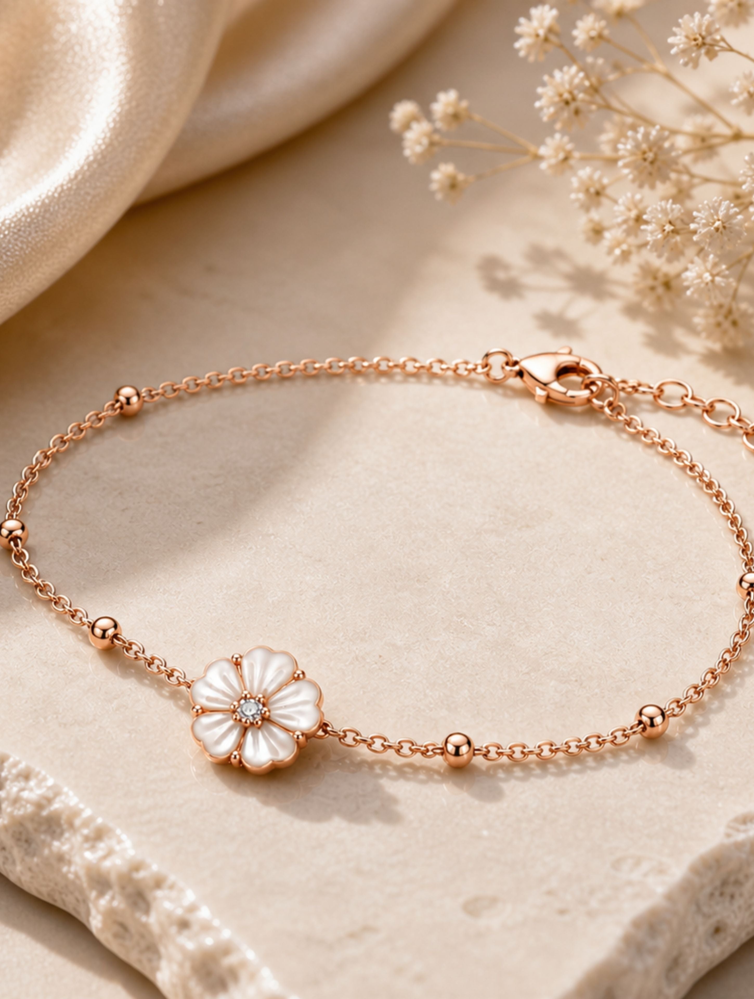 Rose Gold Floral Charm Sterling Silver Bracelet