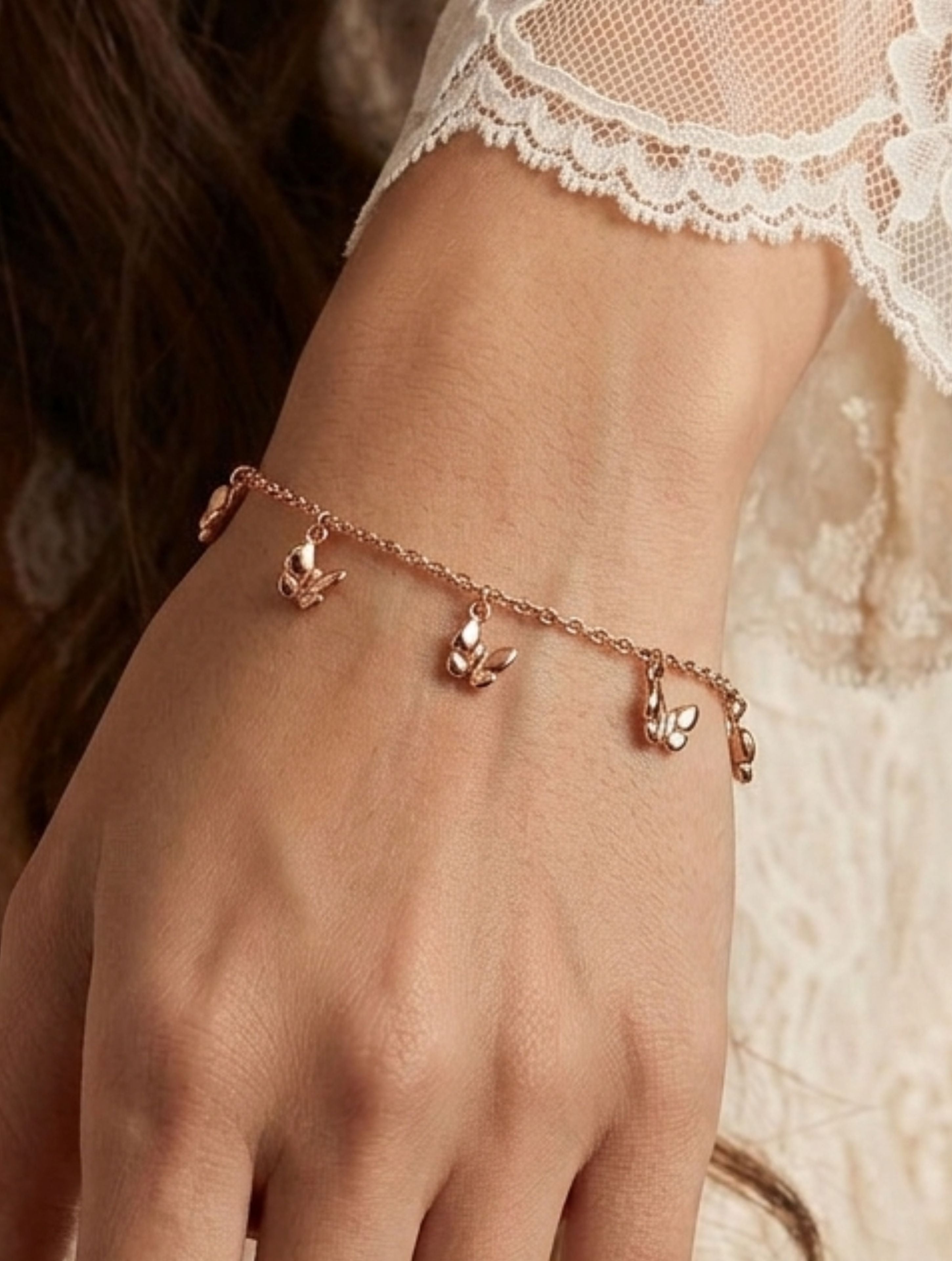 Rose Gold Flutter Butterfly Charm Bracelet In 925 Sterling Silver