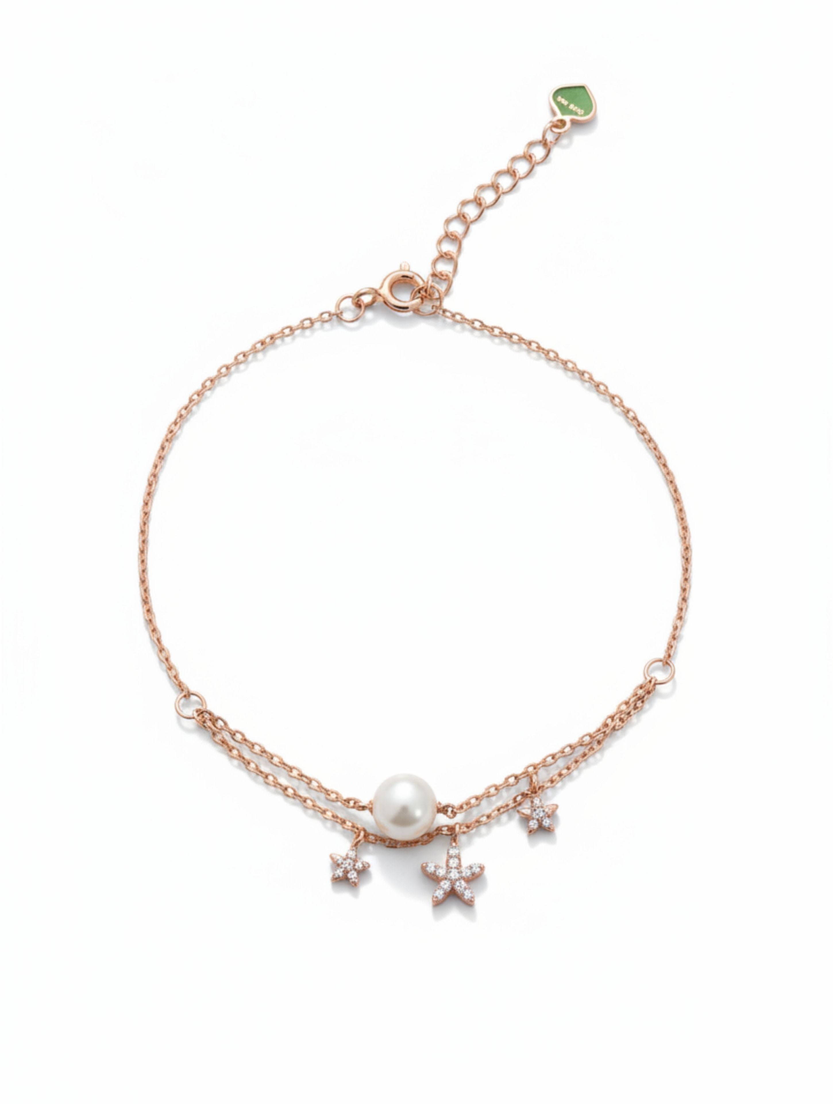 925 Silver Rose Gold Layered Star and Pearl Bracelet