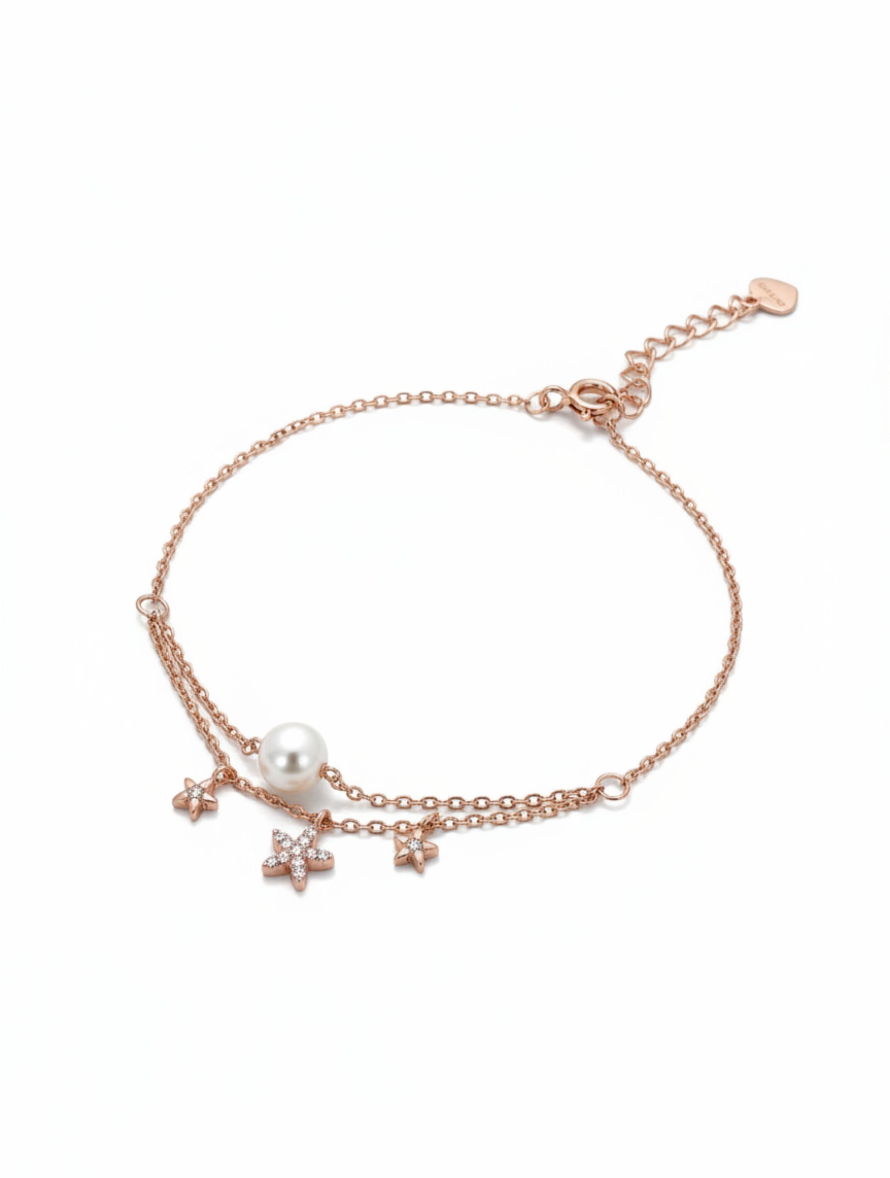 925 Silver Rose Gold Layered Star and Pearl Bracelet