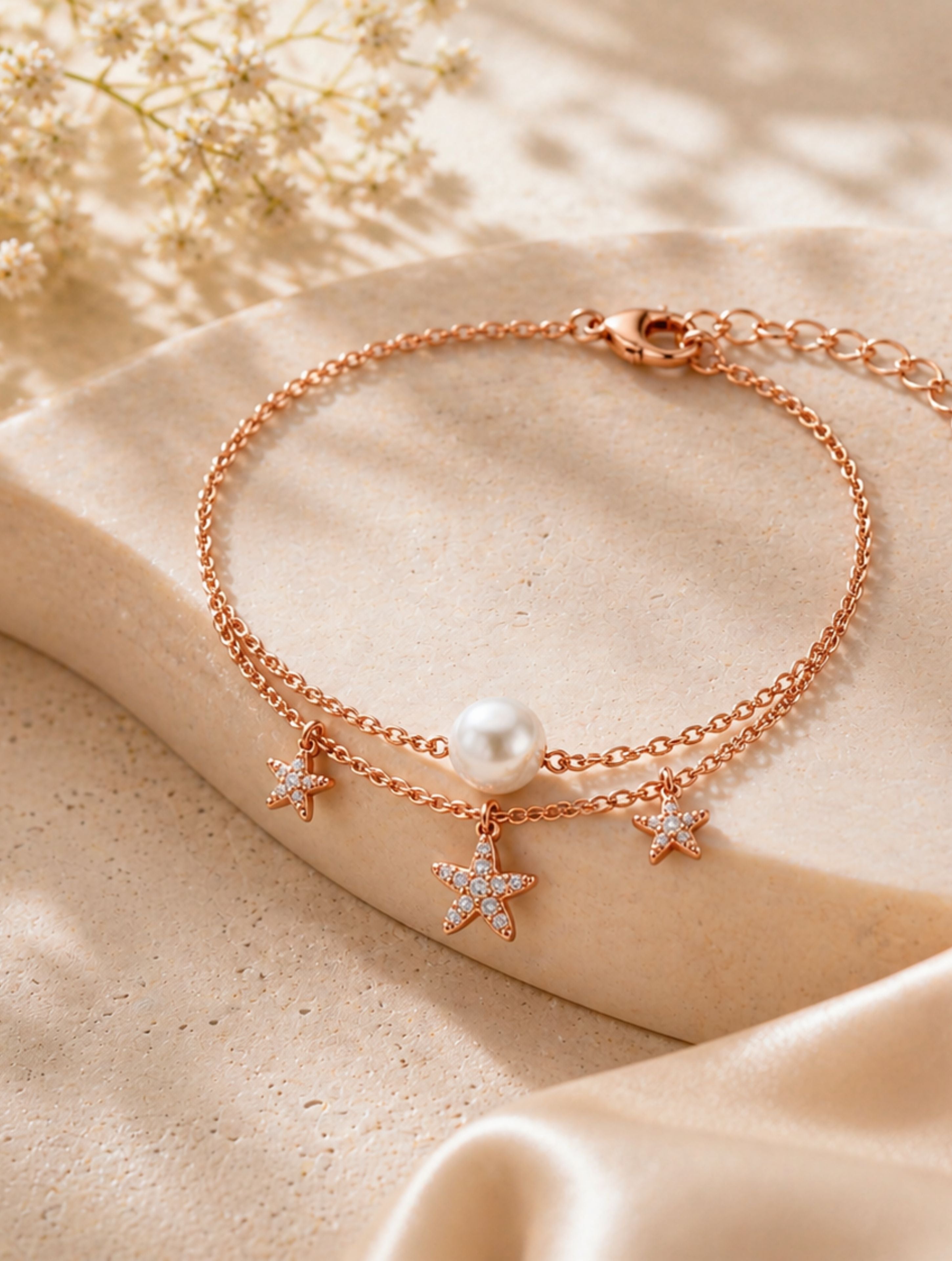 925 Silver Rose Gold Layered Star and Pearl Bracelet