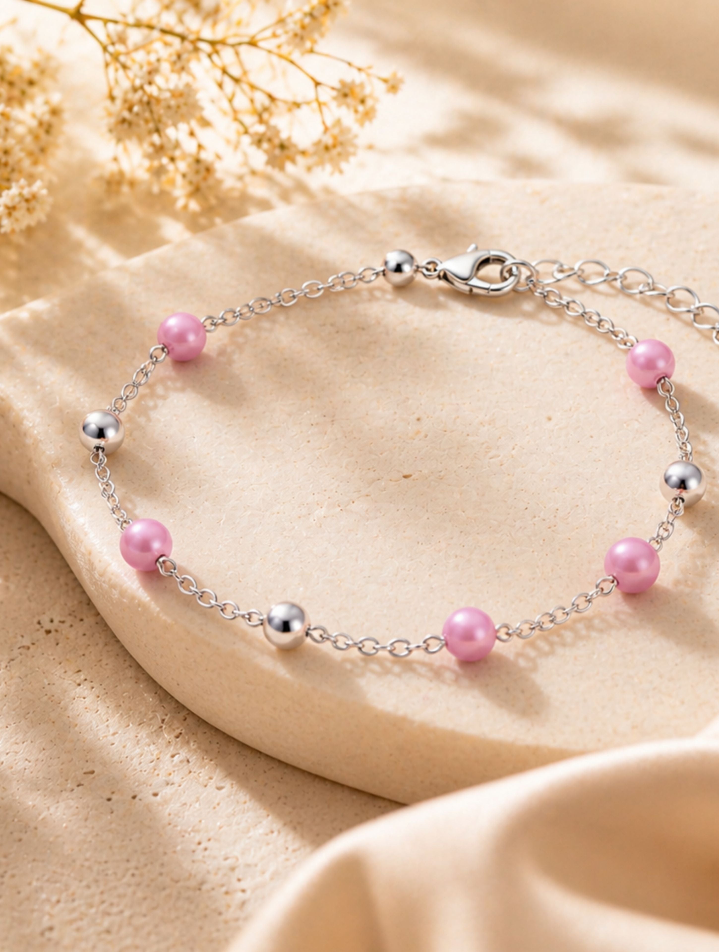 Pastel Pink & Silver Bead Bracelet in 925 Sterling Silver