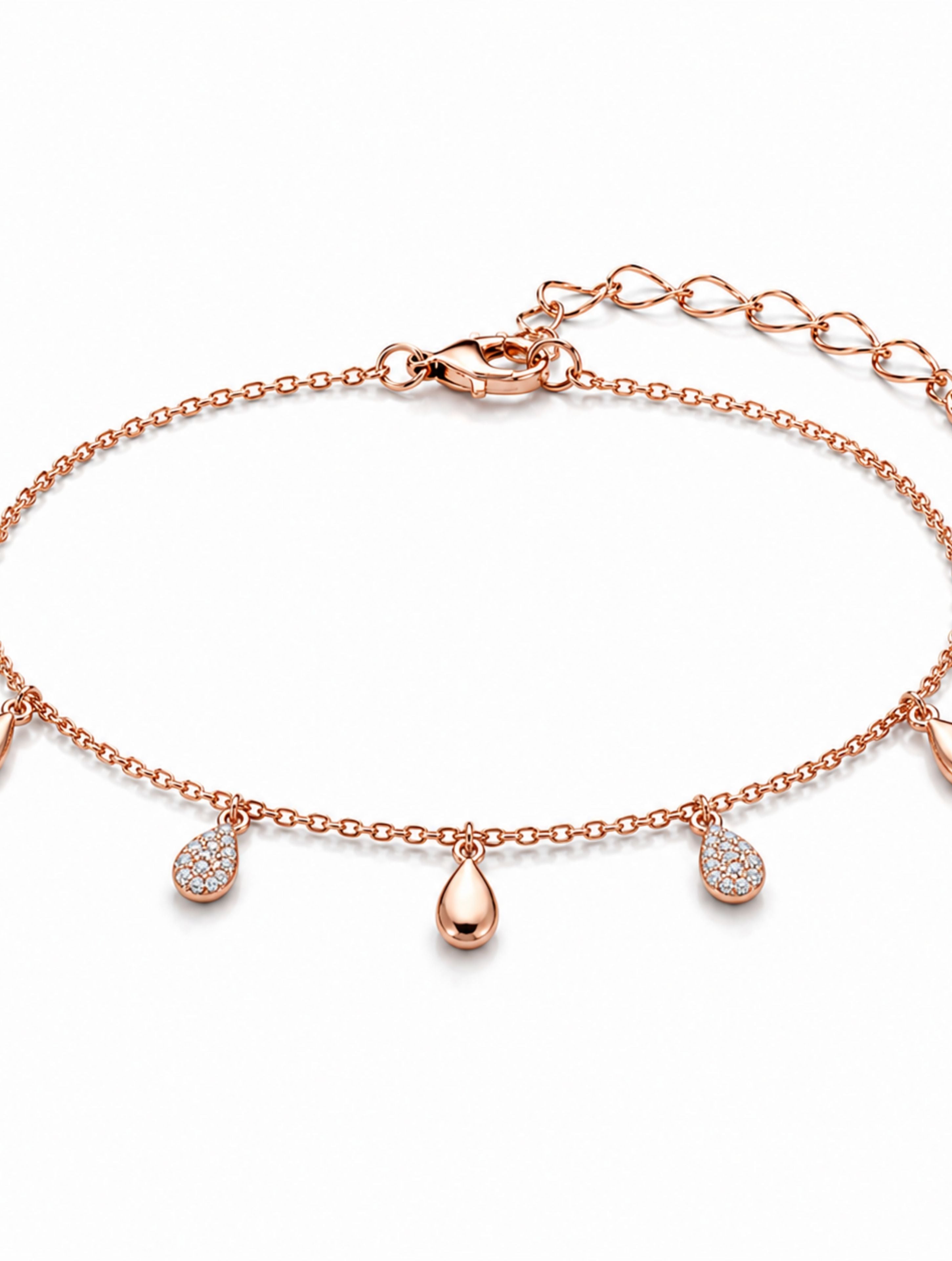 Rose Gold Teardrop Charm Bracelet in 925 Sterling Silver