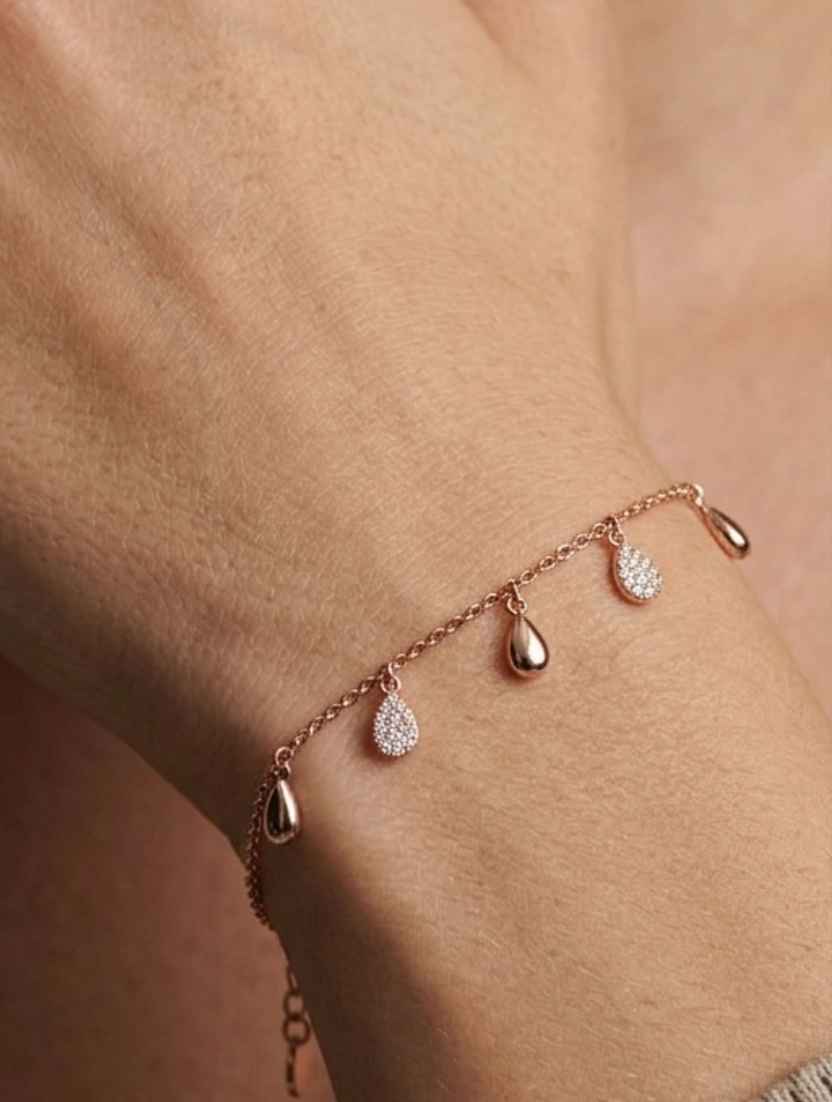 Rose Gold Teardrop Charm Bracelet in 925 Sterling Silver