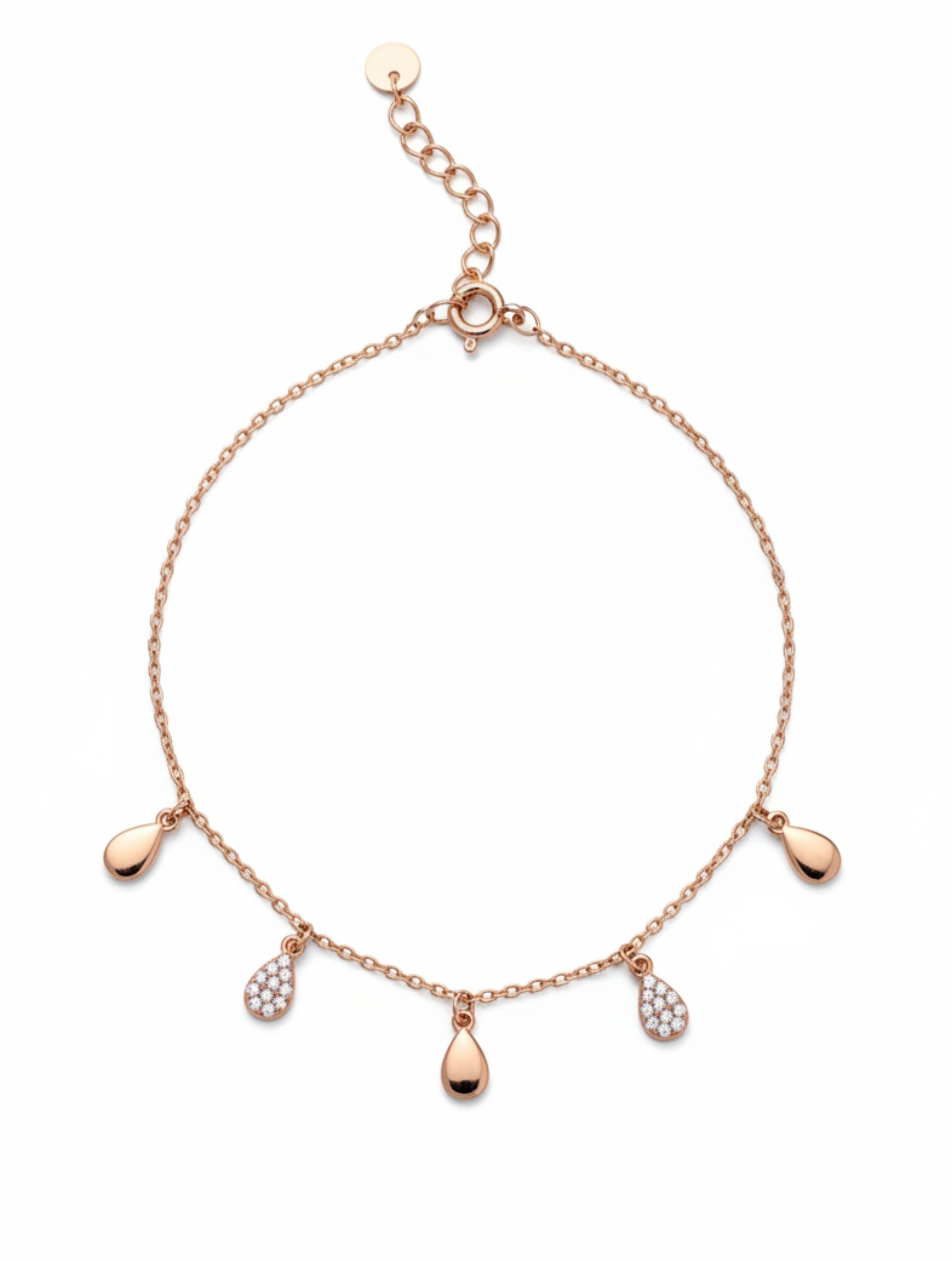 Rose Gold Teardrop Charm Bracelet in 925 Sterling Silver