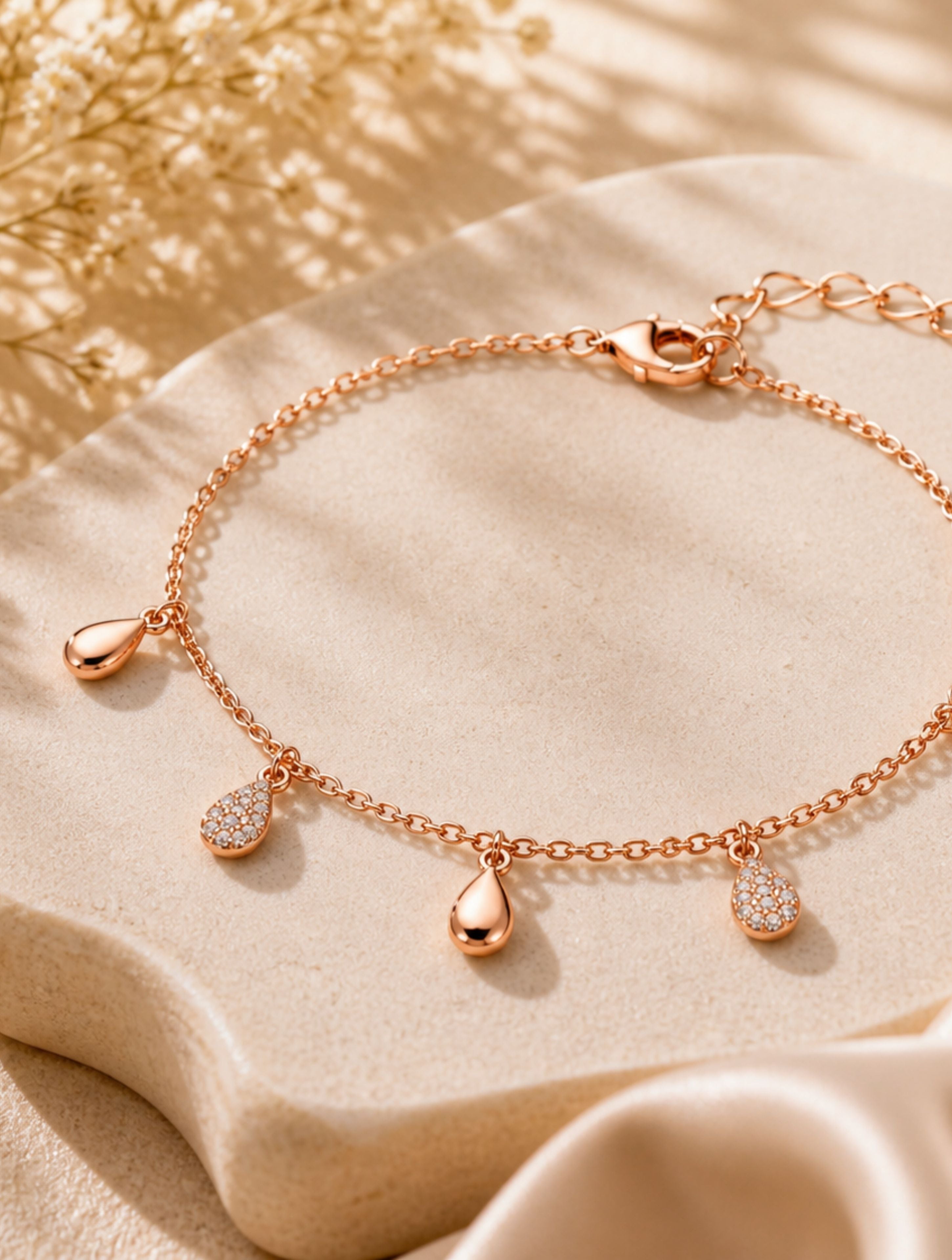 Rose Gold Teardrop Charm Bracelet in 925 Sterling Silver