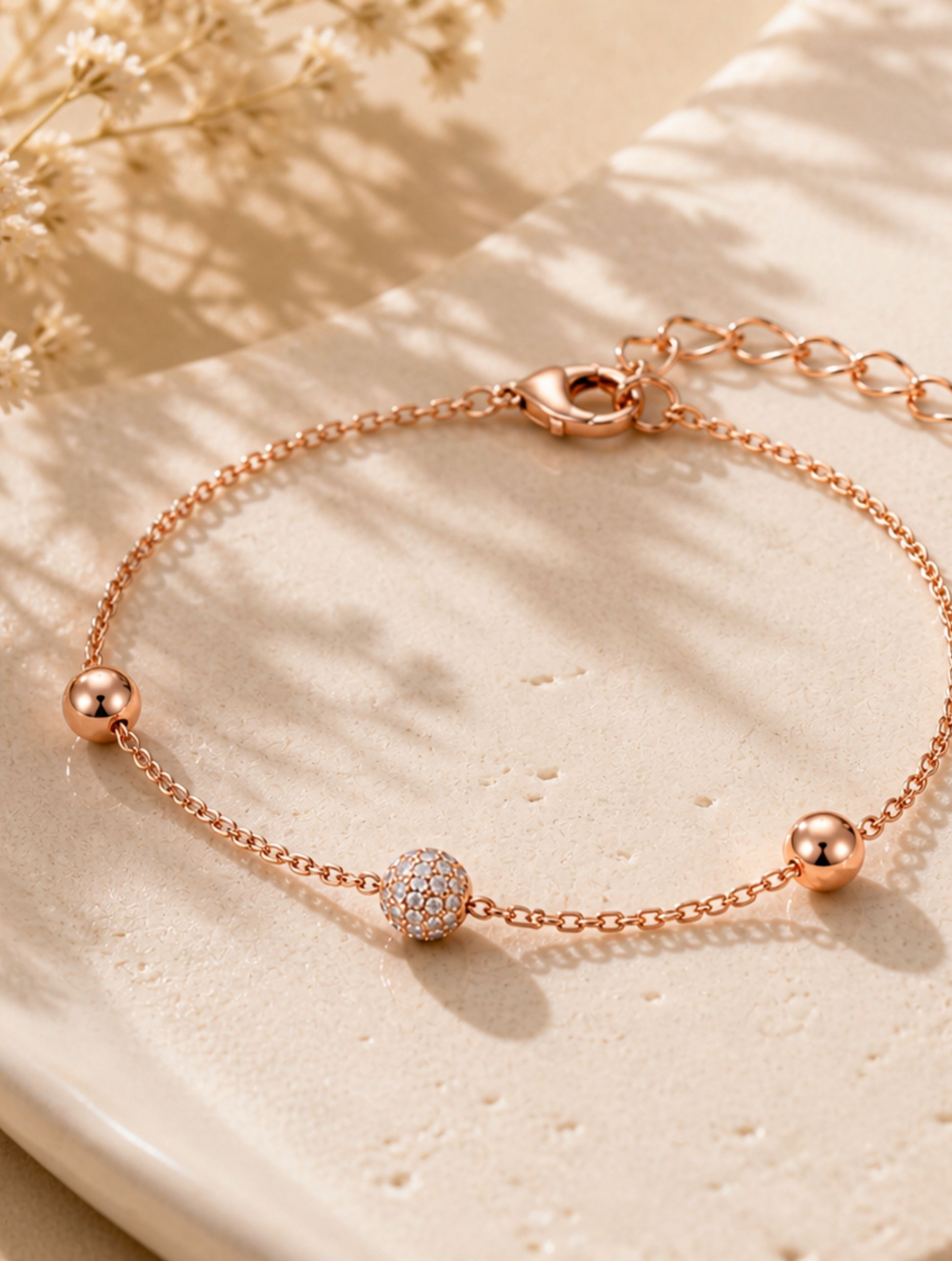 Sparkling Pave & Polished Bead Rose Gold Bracelet In 925 Sterling Silver
